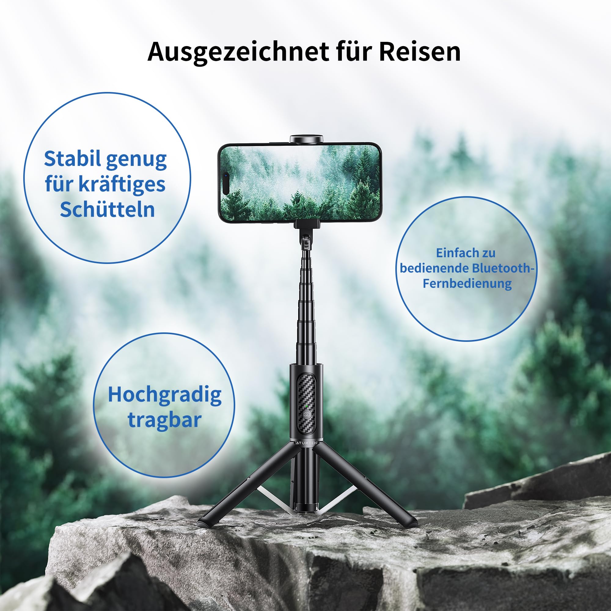 ATUMTEK Selfie Stick Stativ, 3-in-1 Ausziehbares Aluminium Handy Stativ mit kabelloser Bluetooth-Fernbedienung, Kompatibel mit iPhone 17/16/15/14/13/12 mini/11 Pro und Samsung Smartphones, Schwarz