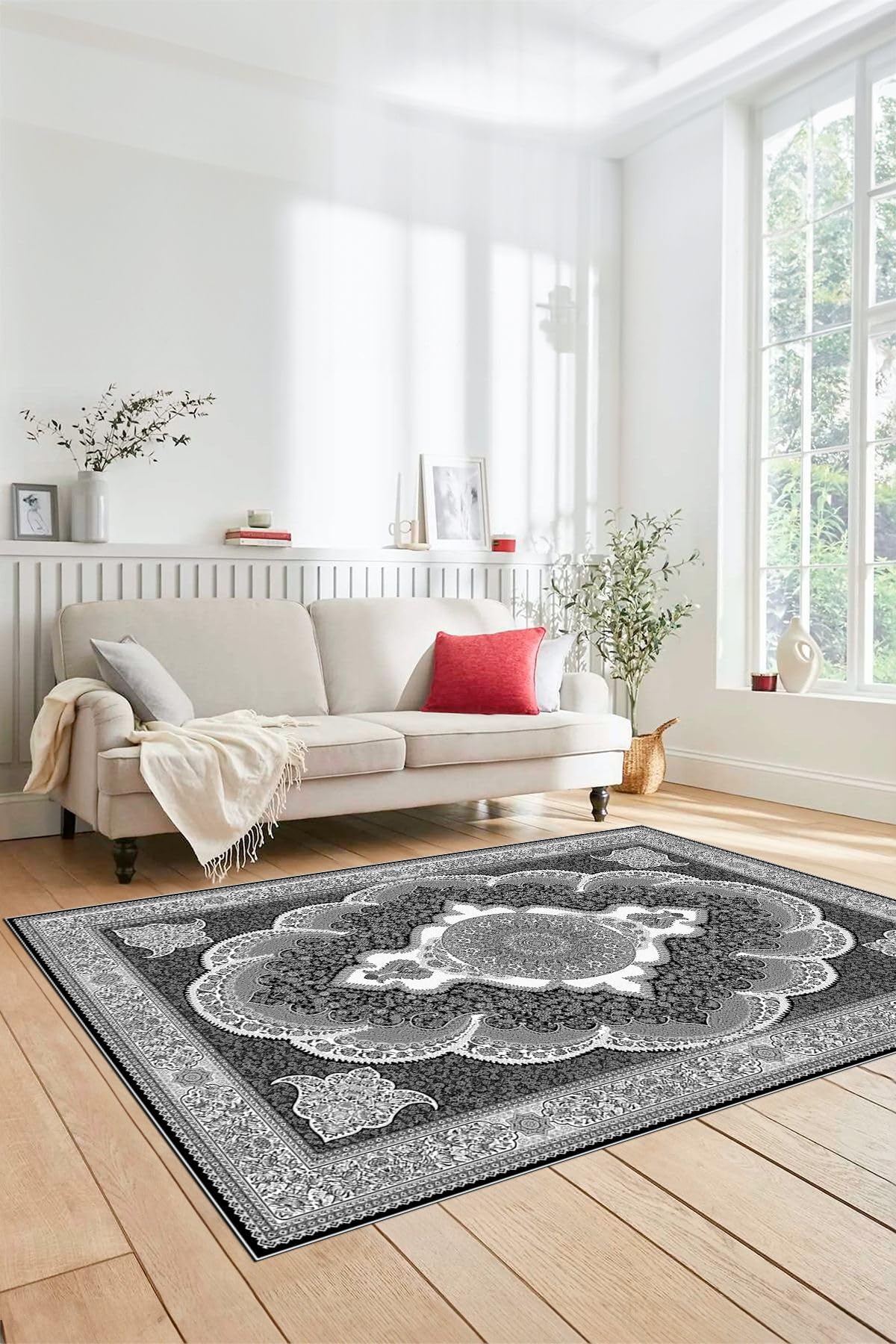 Evdeya Dijital Kaymaz Taban Yıkanabilir Çerçeveli Göbekli Klasik Desen Salon Halısı KLASİK-02, Gri, 80 x 250