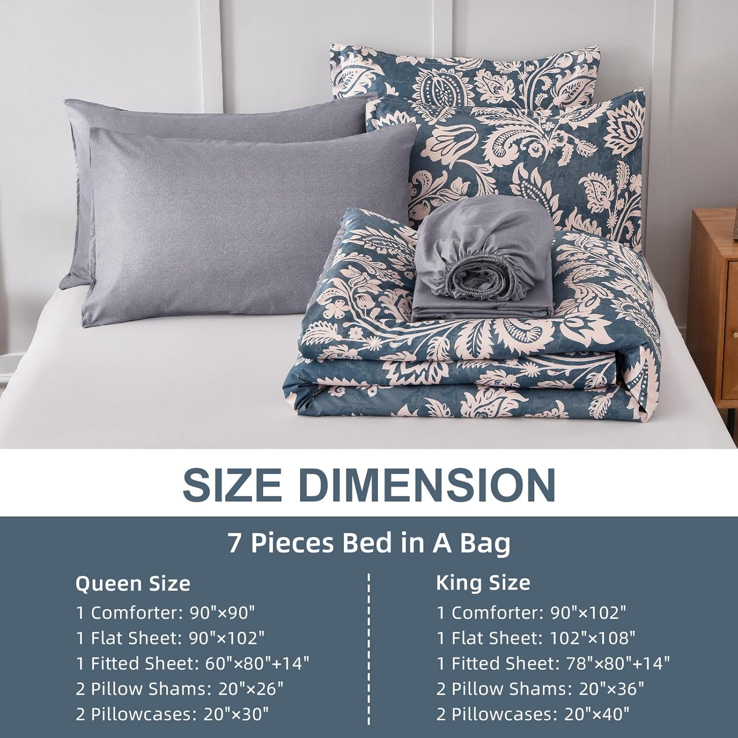Drucon Paisley Comforter Set King, 7 Pieces Bed in a Bag Boho Comforter Bedding Soft Microfiber King Size Navy Blue Comforter with Sheet & Pillowcases - Image 6
