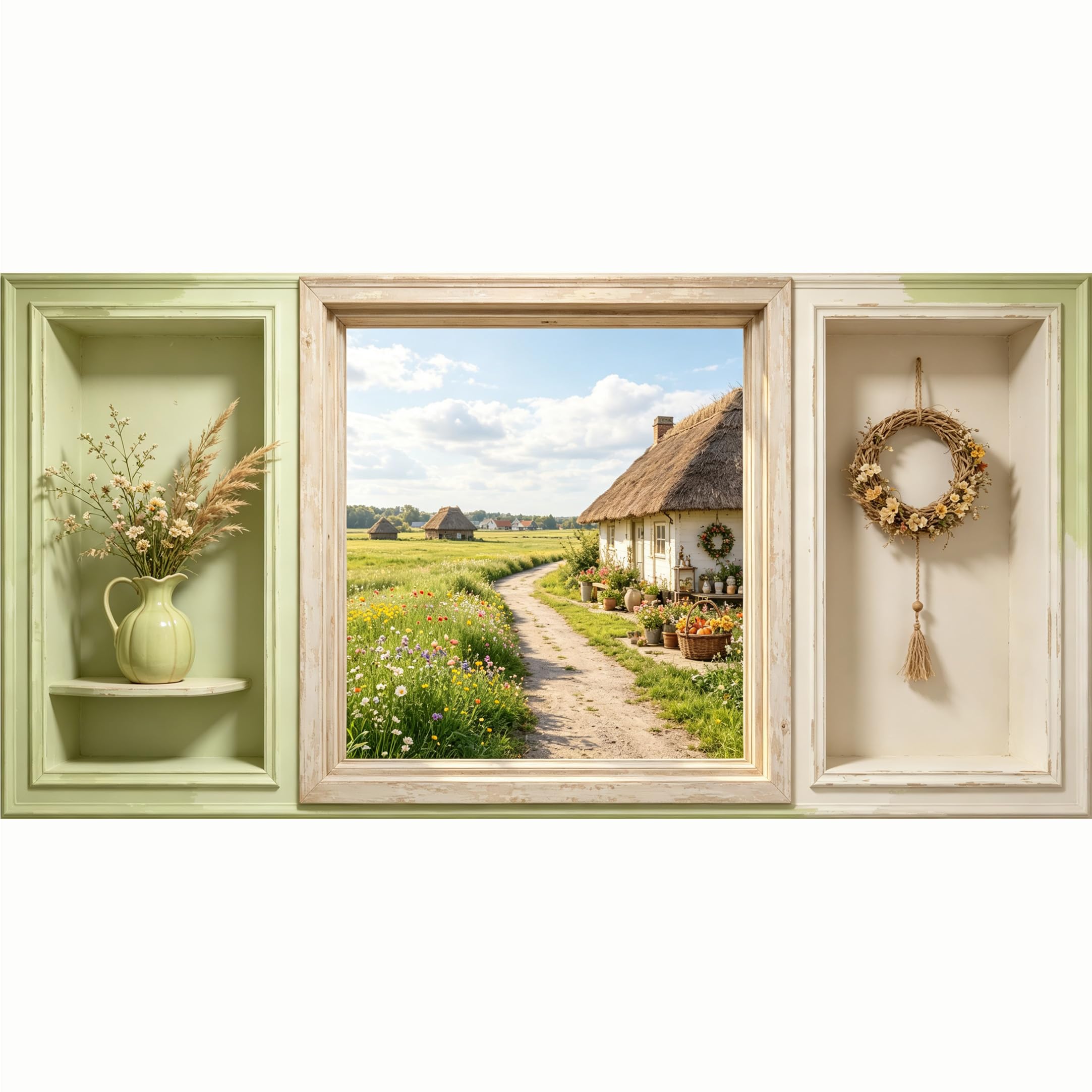 QZLITHOTIC 50x100cm 3D Framed Wall Art， Farmhouse Meadow Landscape Cottage SelfAdhesive Mural， WaterActivated Peel & Stick Fabric Decor Wall Decal for Bedroom Living Room