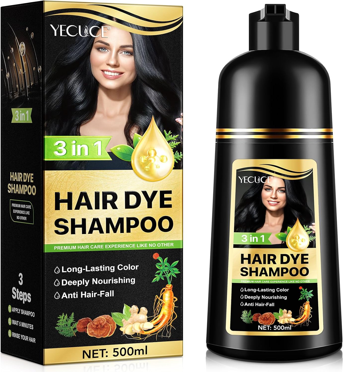 3-in-1 Black Hair Dye Shampoo -Herbal Formula Nourishing Formula Hair Care for Men & Women, Long-Lasting Color & Strengthening Benefits