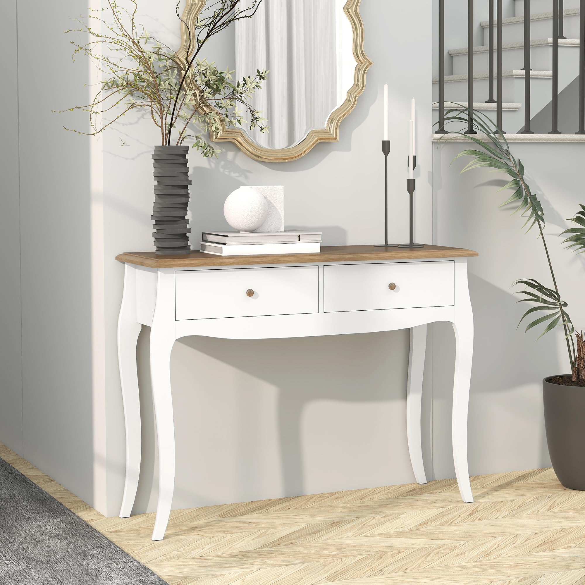 HOMCOM Mesa de Consola con 2 Cajones 100x35x76,5 cm Blanco Marrón Oscuro | Mesa de Entrada, Consola para Recibidor, Estilo Francés, para Pasillo Dormitorio Salón