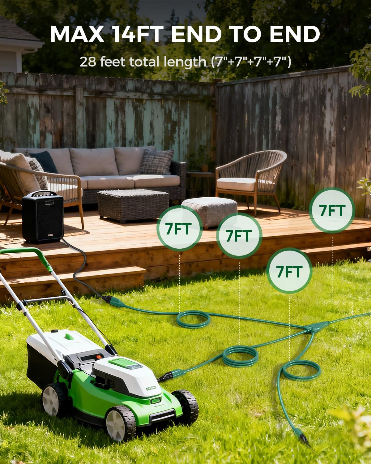 28 Ft Outdoor Power Cord, 1 to 3 Splitter Heavy Duty Weatherproof Extension Cord, 16/3 SJTW, 3 Grounded Outlets Flat Plug for Patio, Garden Displays, Lights, Green