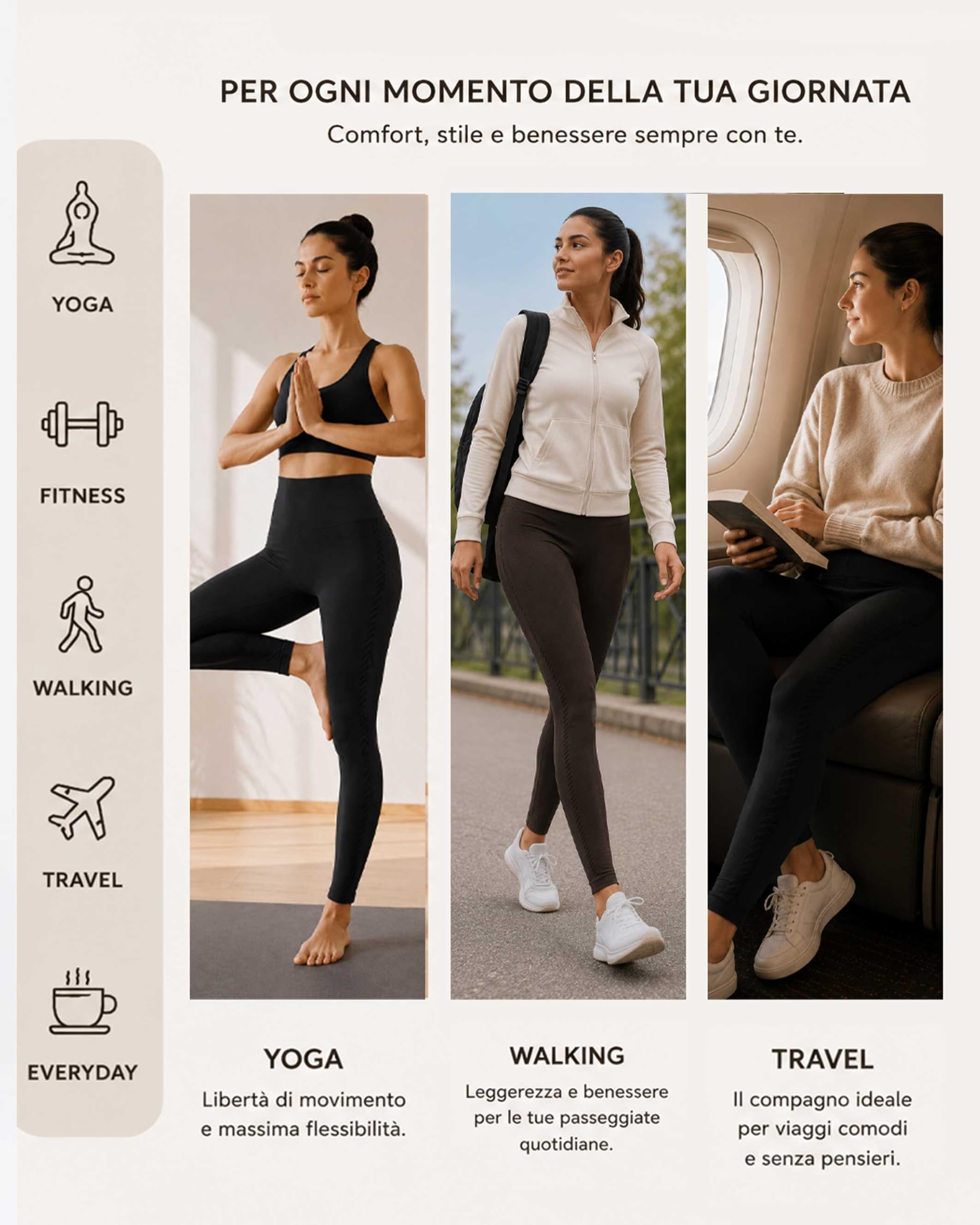 Topless Wear, Leggings Anticellulite Drenanti Donna a Vita Alta, Effetto Push Up Modellante e Contenitivo, Microcircolazione con Fibra Emana®, per Fitness, Seamless e Made in Italy, Linea Feel