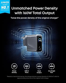 Anker Prime 160W USB C Charger, 3-Port Compact GaN Laptop Charger, Smart Display and Touch Control, Ultra Fast 140W Charging at 1 Port, for MacBook Pro, Laptop, iPhone 17/16/15 Series and More