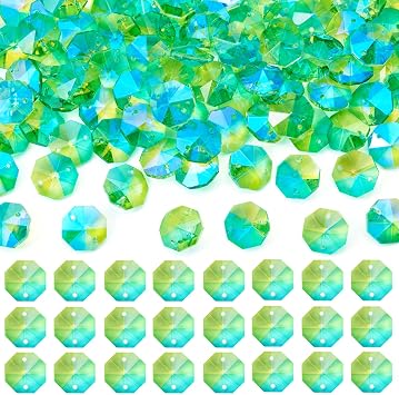 Beadthoven 90pcs Glass Suncatcher Beads 2-Hole Octagon Beads Green AB Color Colorful Crystal Chandelier Parts DIY Chandelier Prisms Replacement Glass Link Connectors for DIY Lamp Pendants 18mm