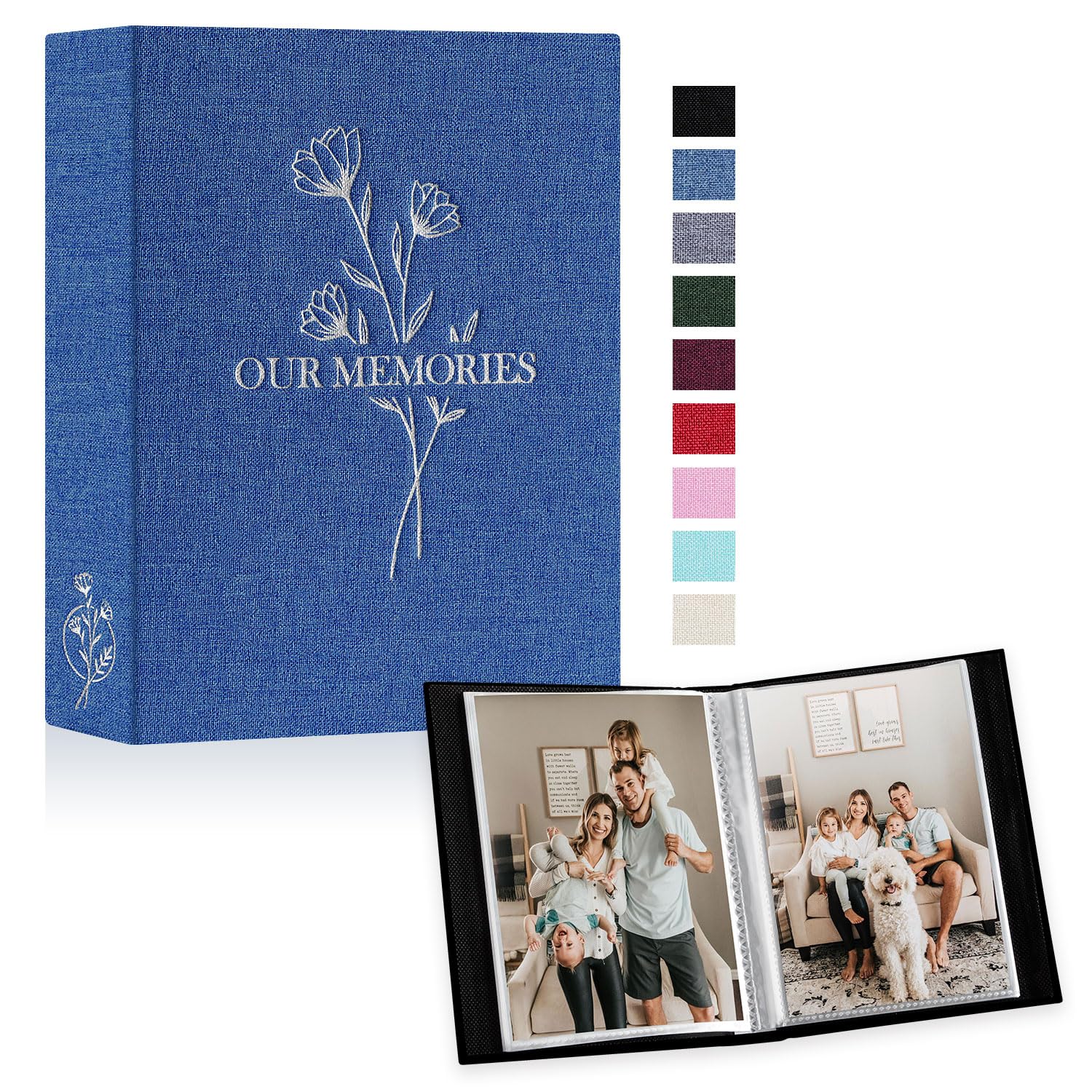 Lanpn Lino Album Fotografico 10x15 50 Tasche 2 Confezioni, OUR MEMORIES Piccolo Mini Biancheria Album Foto Portafoto Verticale Tascabile Tasca (Blu)