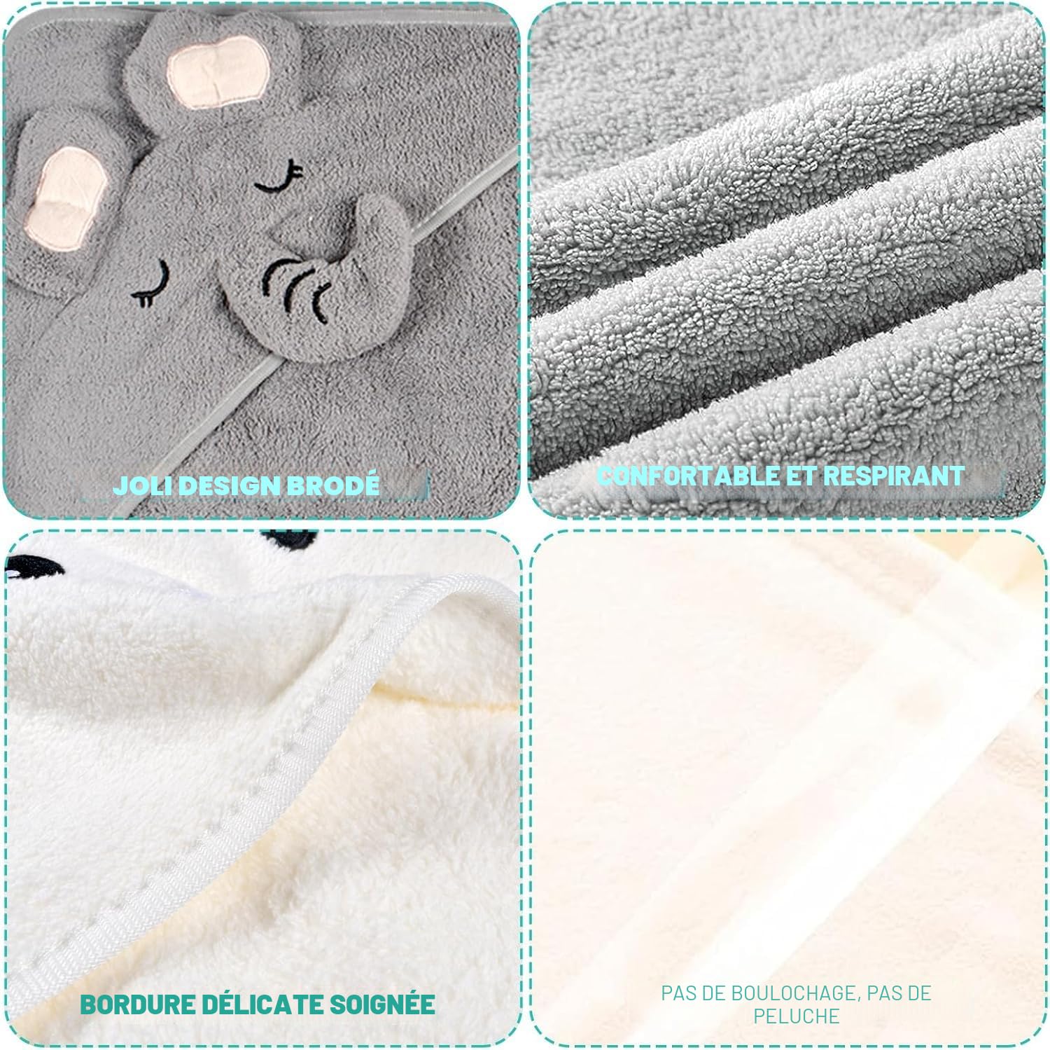 3 Pièces Serviette de Bain Capuche Bébé,Serviette Bebe Naissance,Cape de Bain Bebe,Douces & Absorption Forte,80 x 80cm Peluche De Corail De Haute Qualité