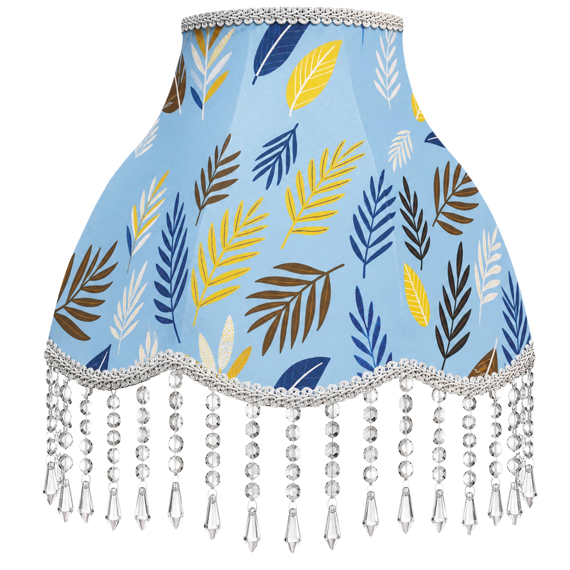 Victorian Bell Scalloped Light Shade with Acrylic Bead Droplets, 33cm Bottom Diameter, Metal Harp & 2 Ring Adapters Included, Azure Blue Fabric with Tropical Palm Leaf Pattern