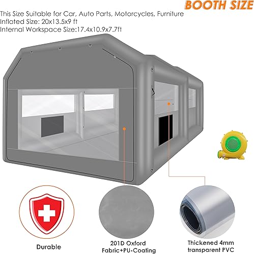 Miniatura 2 de QILEBA Cabina de pintura inflable de 20 x 13.5 x 9 pies con soplador de 1100 W, cabina de pintura portátil con sistema de filtro de aire para