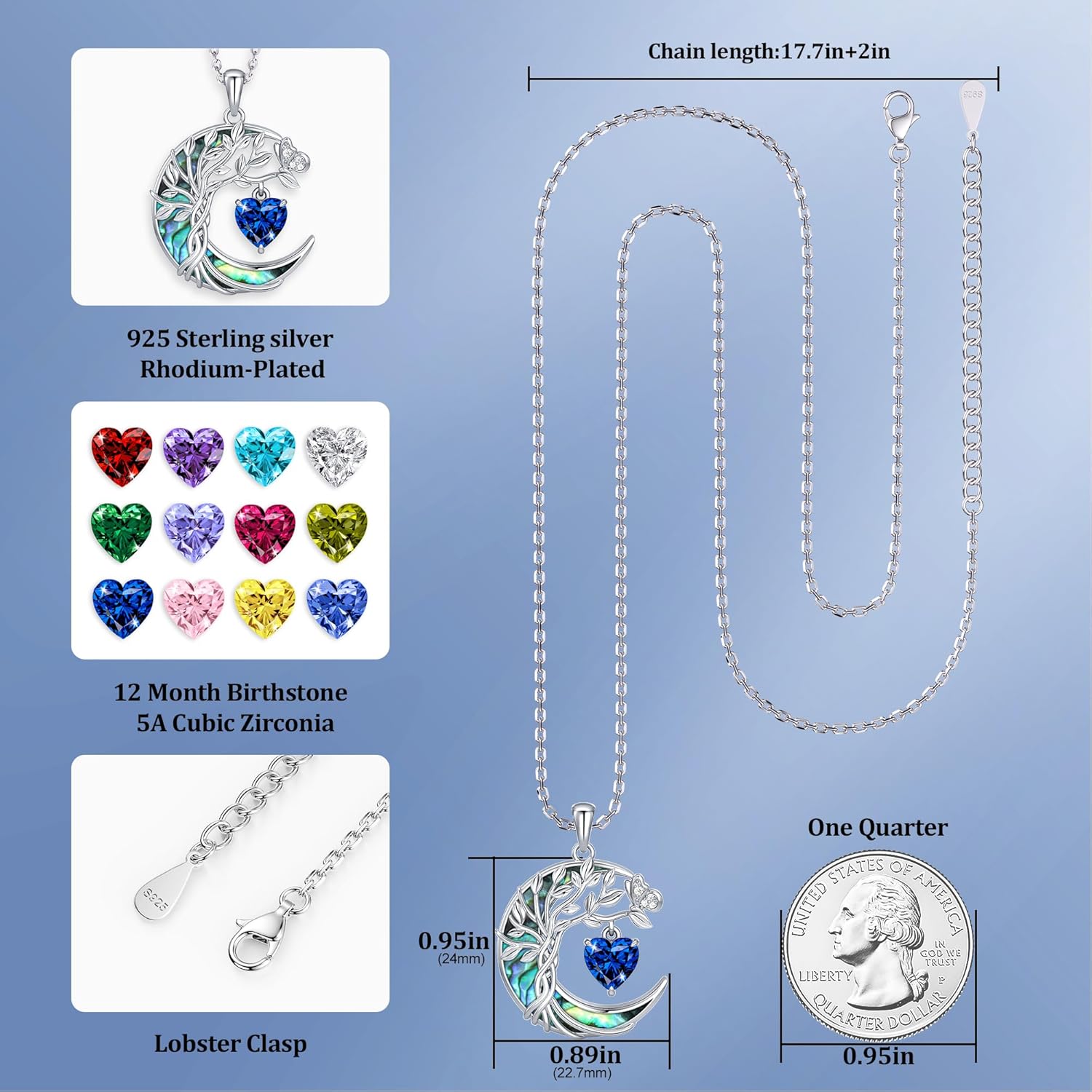 Distance Tree of Life Birthstone Necklace for Women, S925 Sterling Silver Premium Abalone Shell Moon Pendant, Heart Birthstone Necklace Christmas Anniversary Jewelry Birthday Gifts for Her Mom Wife - Image 5