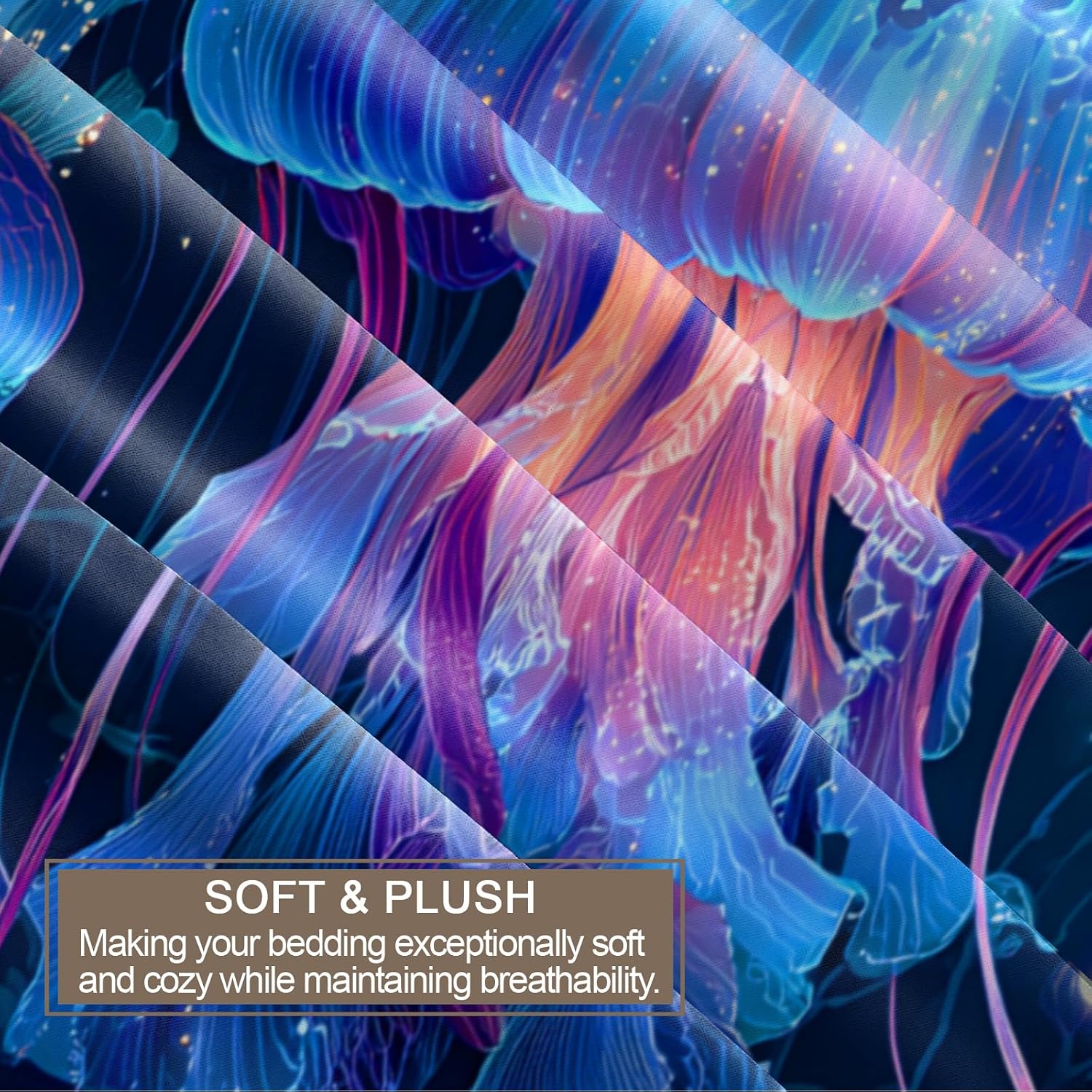 Jellyfish Duvet Cover Set for Teen Girls, Blue Purple Gradient Glowing Jellyfish Bedding Set Queen for Kids Boys, Underwater Theme Seaweed & Coral Comforter Cover with 2 Pillowcases