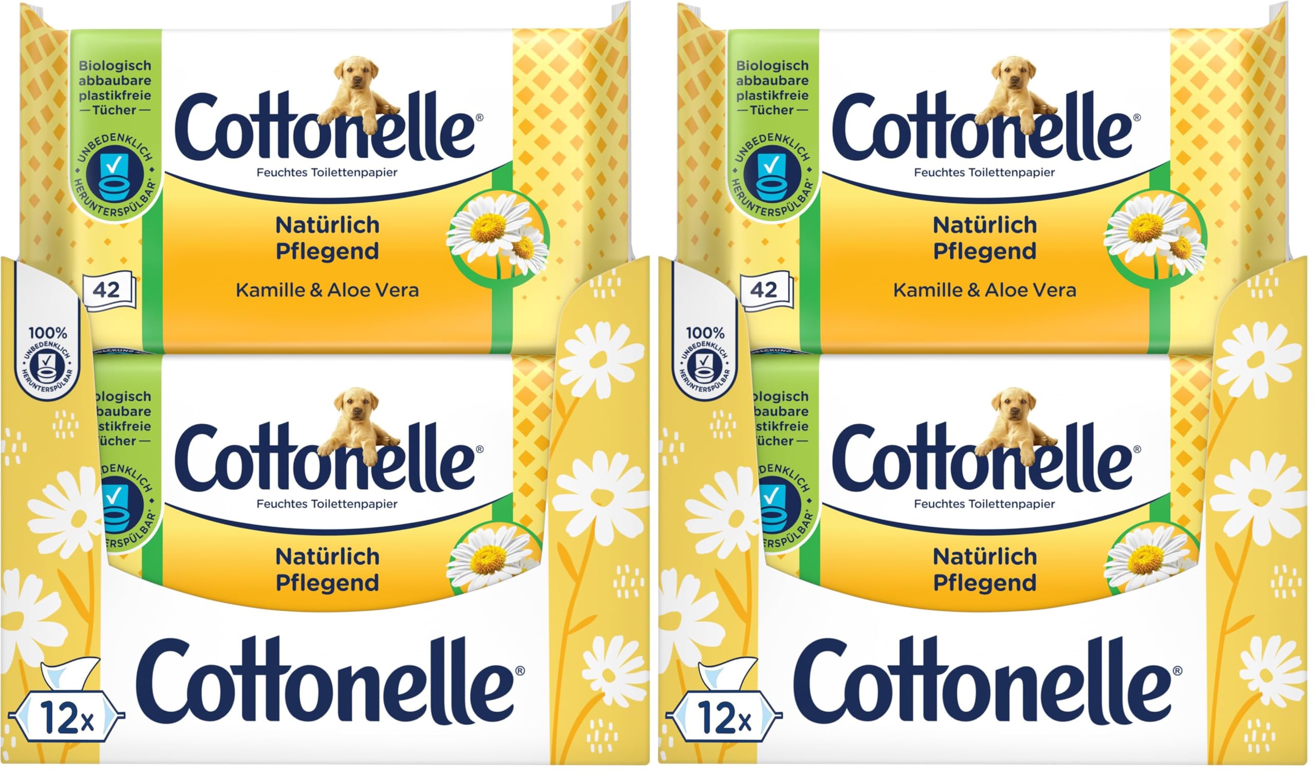 Cottonelle Feuchtes Toilettenpapier, Natürlich Pflegend - Kamille & Aloe Vera, Biologisch Abbaubar, Plastikfrei, Wiederverschließbar, Vorteilspack, 12 x 42 Feuchttücher (Packung mit 2)