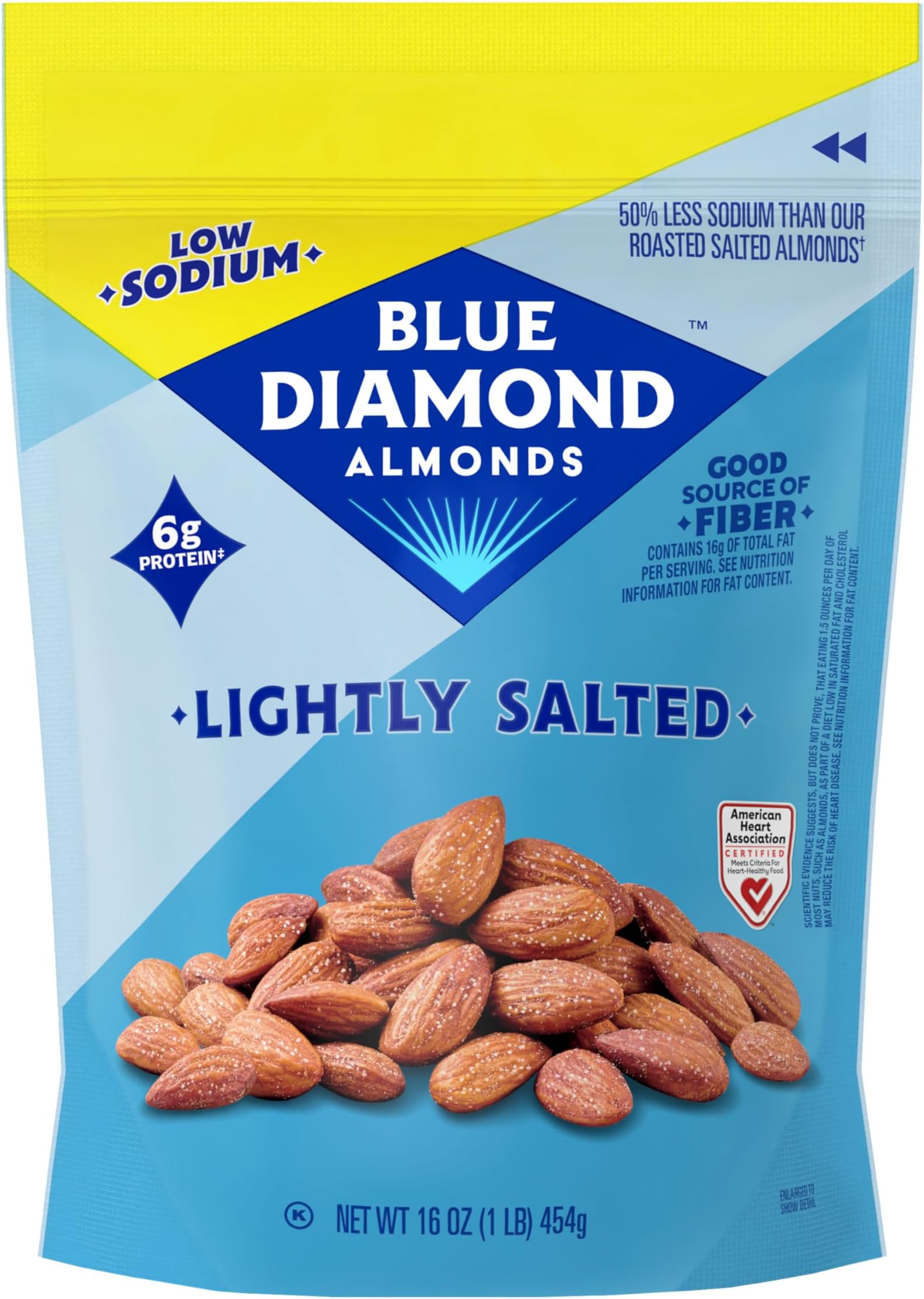 Blue Diamond Almonds Low Sodium Lightly Salted Snack Nuts, 16 Oz Resealable Bag (Pack of 1)