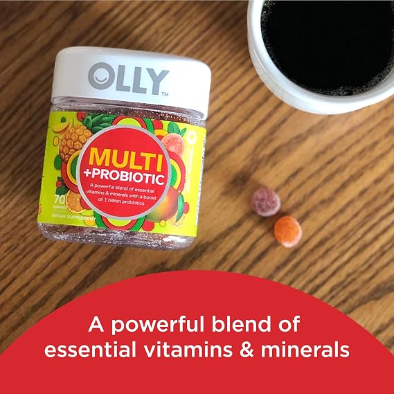 OLLY Multi + Probiotic Adult Multivitamin Gummy, 1 Billion CFUs, Digestive & Extra Strength Daily Energy Gummy, Caffeine Free, 1000mcg Vitamin B12, CoQ10, Goji Berry