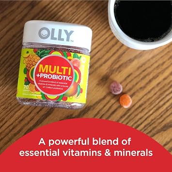 OLLY Multi + Probiotic Adult Multivitamin Gummy, 1 Billion CFUs, Digestive & Extra Strength Daily Energy Gummy, Caffeine Free, 1000mcg Vitamin B12, CoQ10, Goji Berry