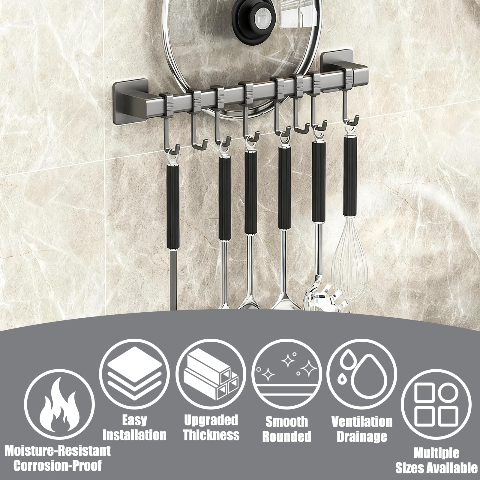 Ylinwtech Gancio da cucina senza foratura,Porta utensili da cucina autoadesivo,Porta mestoli da cucina,Per uso in cucina e bagno,8 ganci