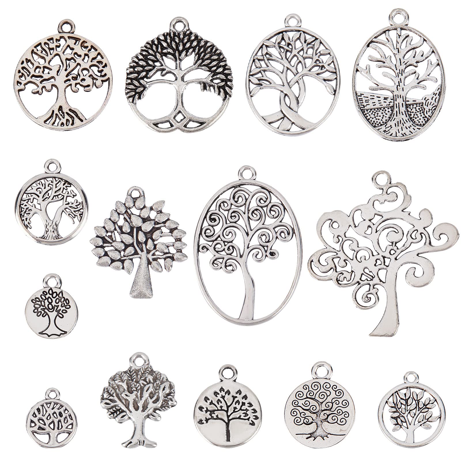 SUNNYCLUE 1 Box 56Pcs 14 Styles Tree of Life Charm Silver Tree Charms Leaf Trees Vintage Lucky Spring Flat Round Charm for jewellery Making Charm Women Adults DIY Necklace Earrings Bracelet Crafts