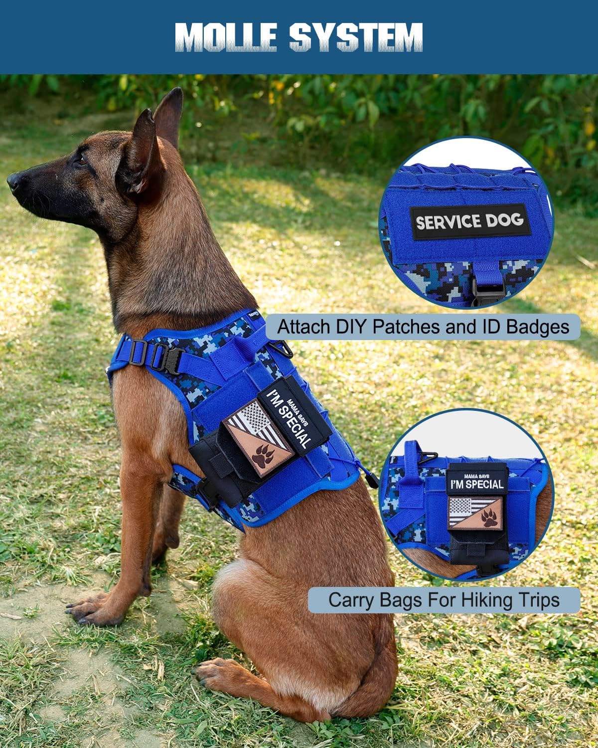 PETNANNY Tactical Service Dog Vest - No-Pull Emotional Support Harness with Hook & Loop Patches & Molle System for Training & Hunting (Navy Blue Camo, Medium)
