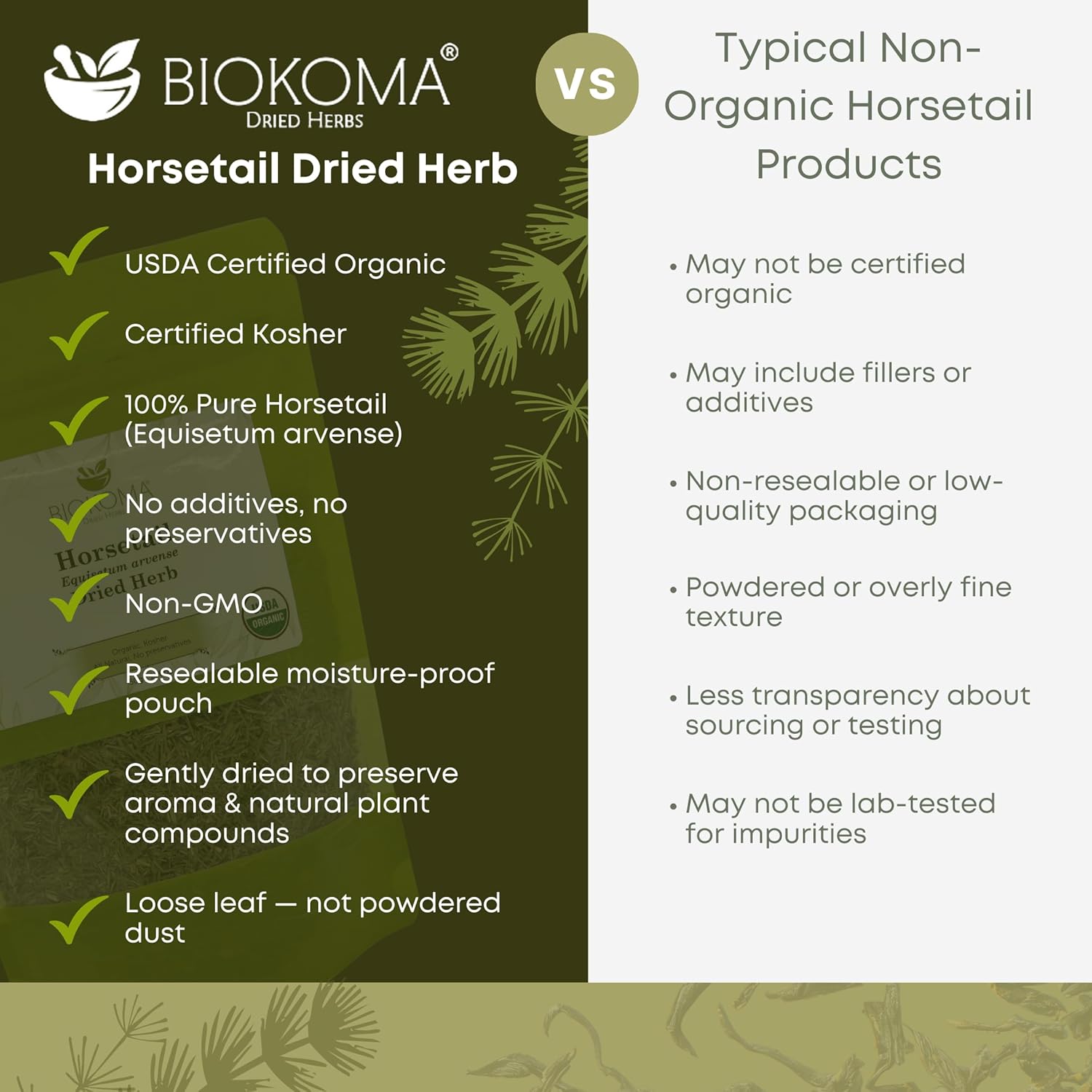 Biokoma Organic Horsetail Herb Tea 50g (Shavegrass) – Supports Healthy Hair, Skin and Nails – USDA Certified Organic Loose Dried Leaves in Resealable Pouch, No Additives, Kosher - Image 6