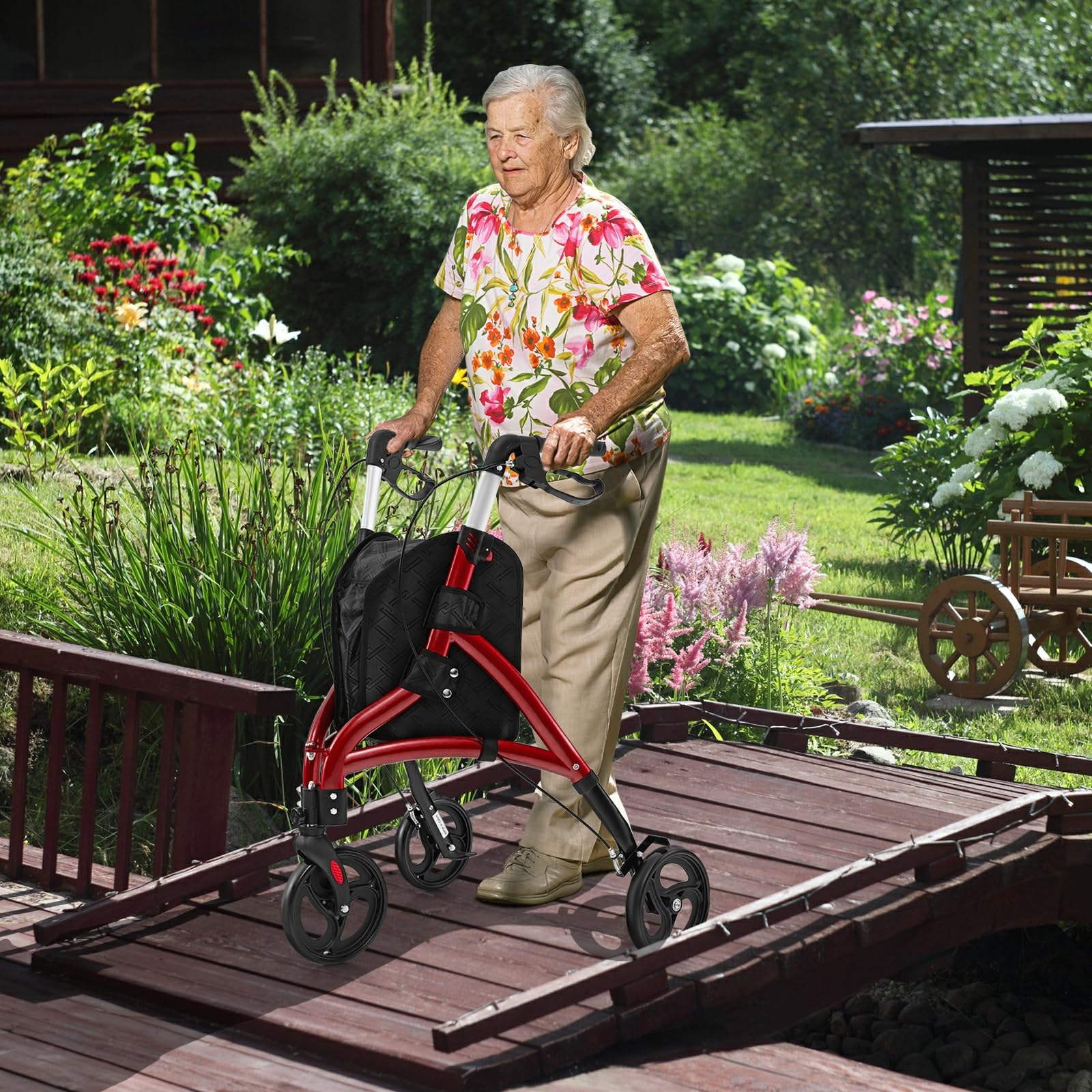 HOMASIS Rollator Pieghevole a 3 Ruote in Alluminio Leggero, Ausilio alla Deambulazione Regolabile in Altezza, con Sacca Portaoggetti per Tutti i Tipi di Terreno per Anziani, Disabili (Rosso)