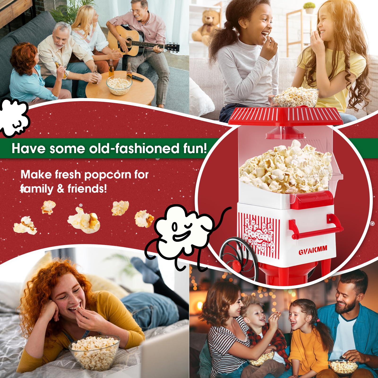 Máquina de palomitas de maíz, kit de máquina de hacer palomitas de maíz de aire caliente, caja de regalo, máquina portátil de palomitas de maíz para el hogar, 10 tazas, sin aceite, estilo retro