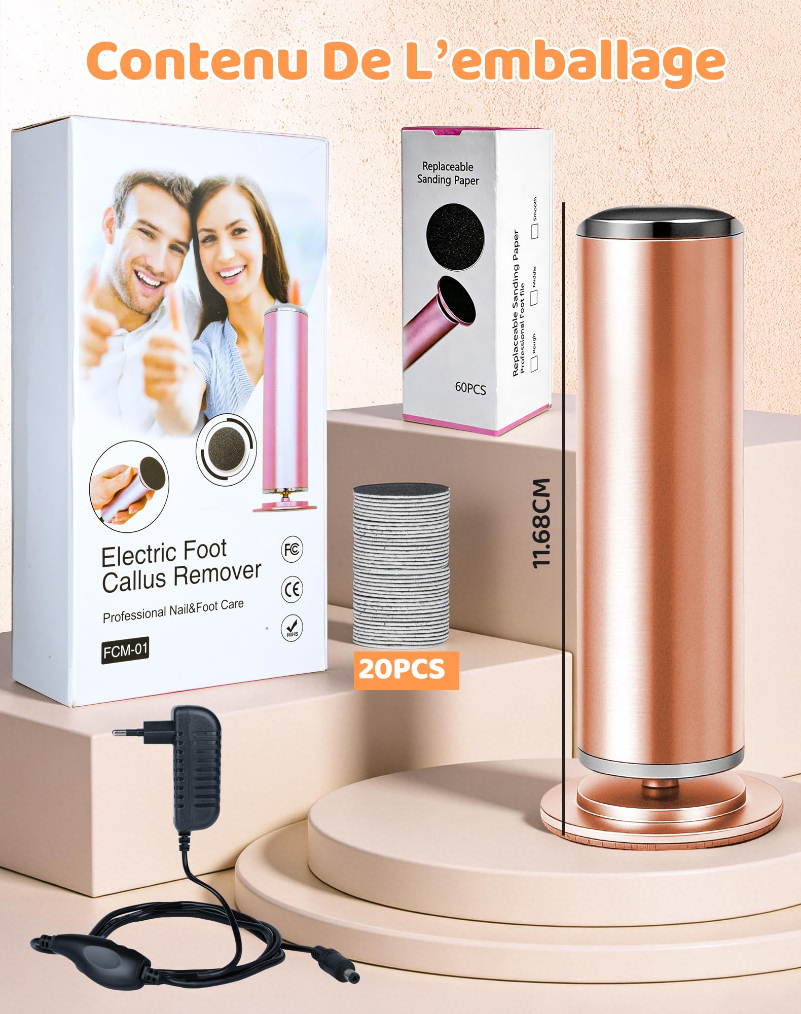 Honey Glow Pied, Râpe à Pieds Électrique, 60 Disques De Ponçage Remplaçables, Soin Des Pieds Doux & Efficace Pour Femme, Élimine Callosités Et Peau Morte À La Maison (Oro Rose)