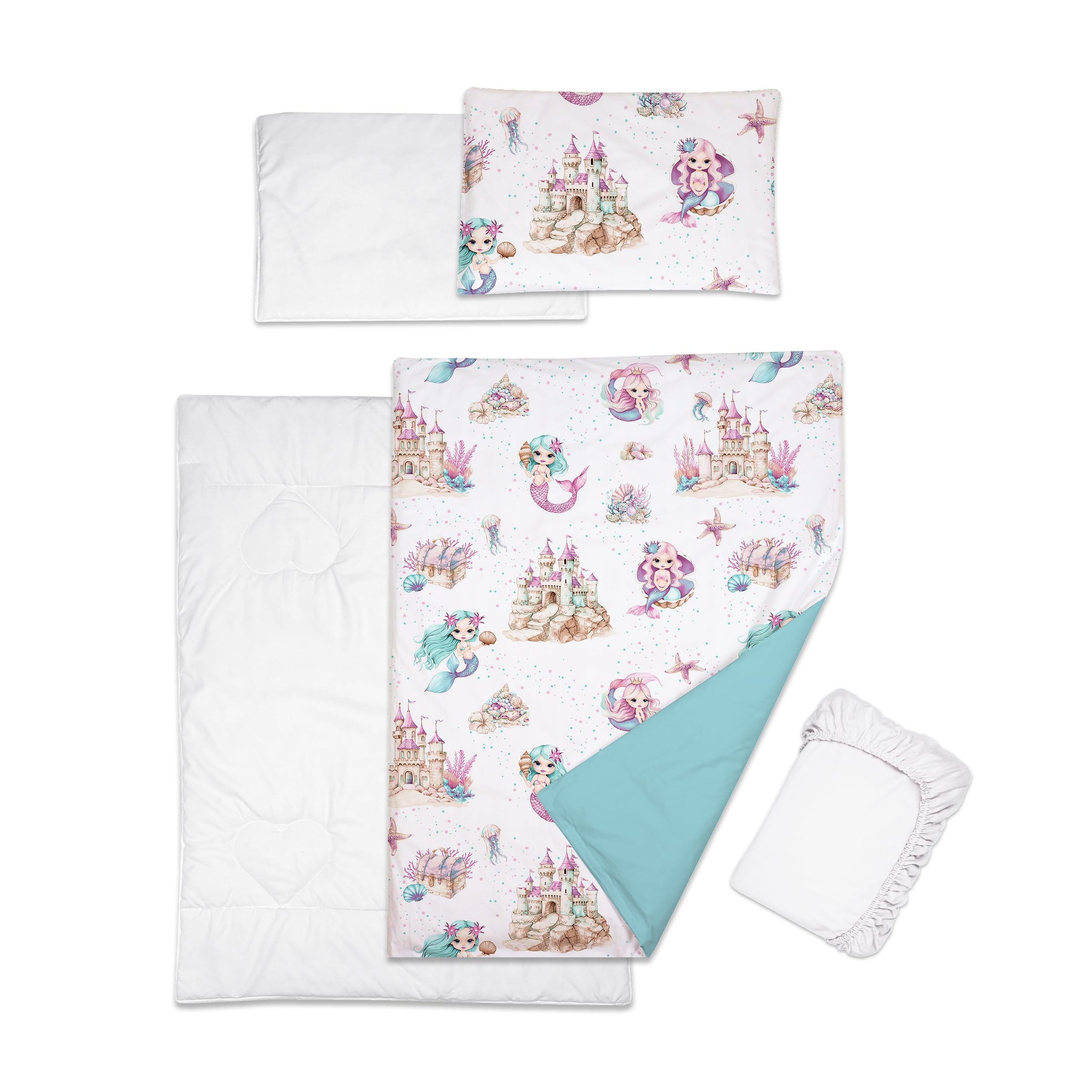 Baby Comfort 5 Piece Toddler Bedding Duvet Pillow with Covers & Jersey Sheet fits 120x60cm Cot Bed 12M+ (Mermaids)