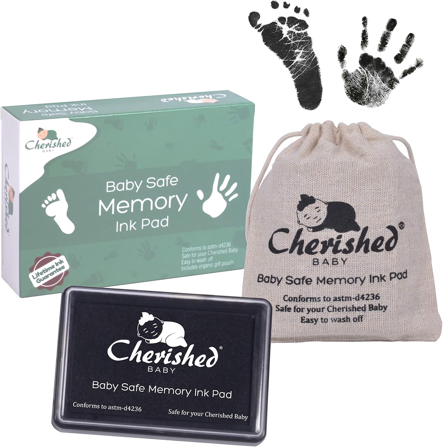 Cherished Baby – Black Ink Handprint/Footprint Ink Pad Kit – 100% Baby Safe (Complies with ASTM-D4236) Comes with Lifetime Inkpad Guarantee + Organic Drawstring Bag & Retail Gift Box