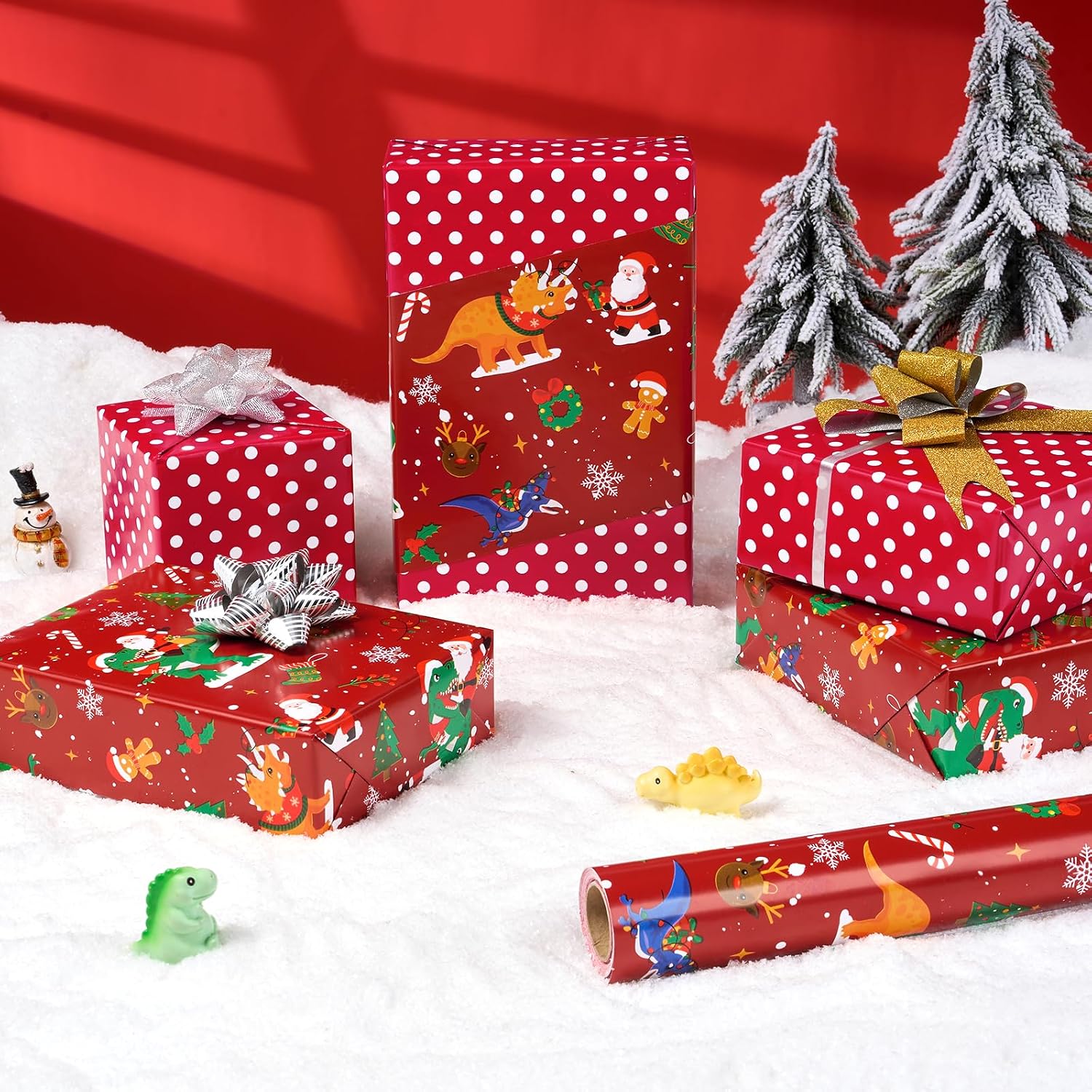 WERNNSAI Christmas Snowflake Wrapping Paper Roll + Dinosaur Christmas Wrapping Paper Roll