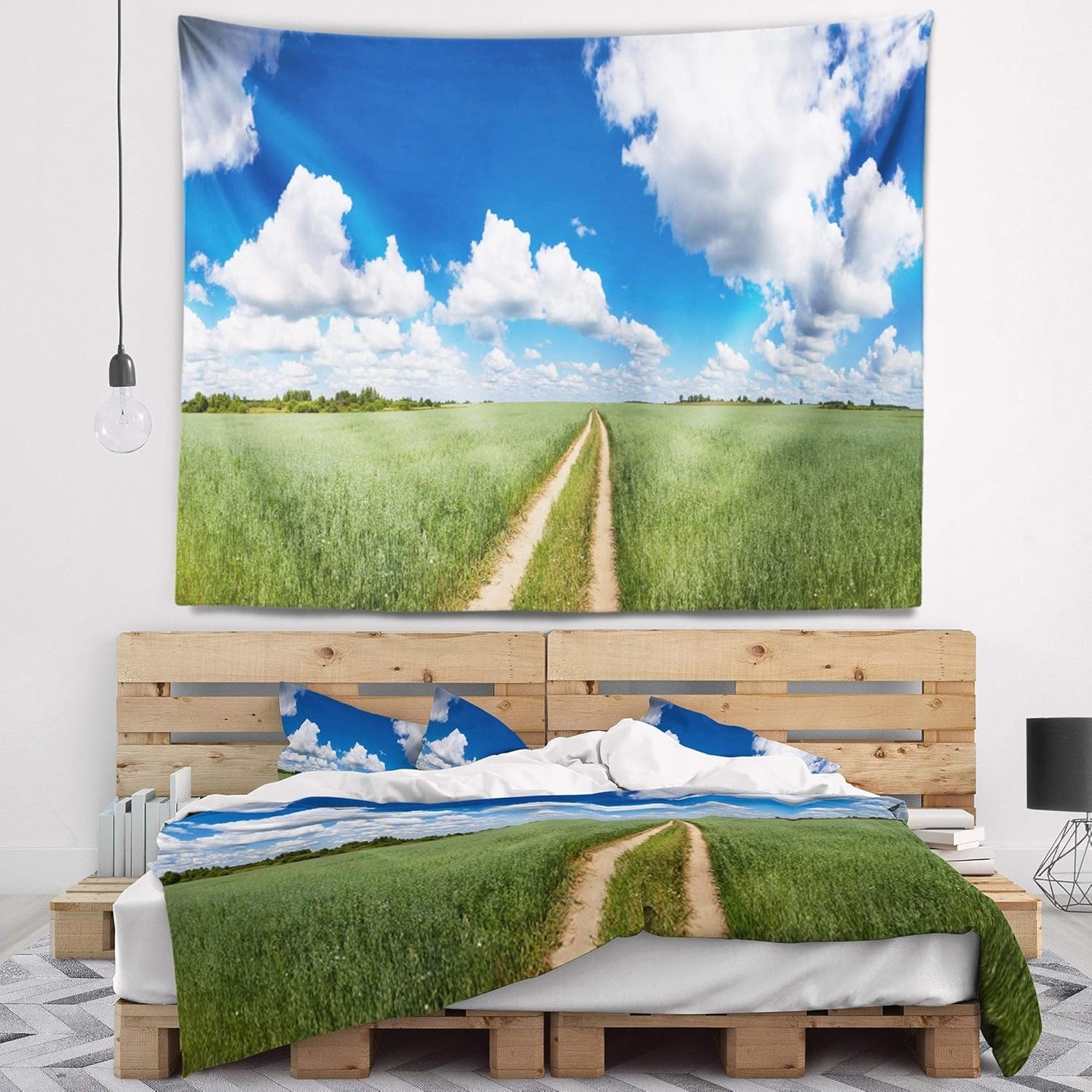 Designart ' Path in Bright Summer Panorama' Landscape Tapestry Blanket Décor Wall Art for Home and Office, Created On Lightweight Polyester Fabric x Large: 92 in. x 78 in