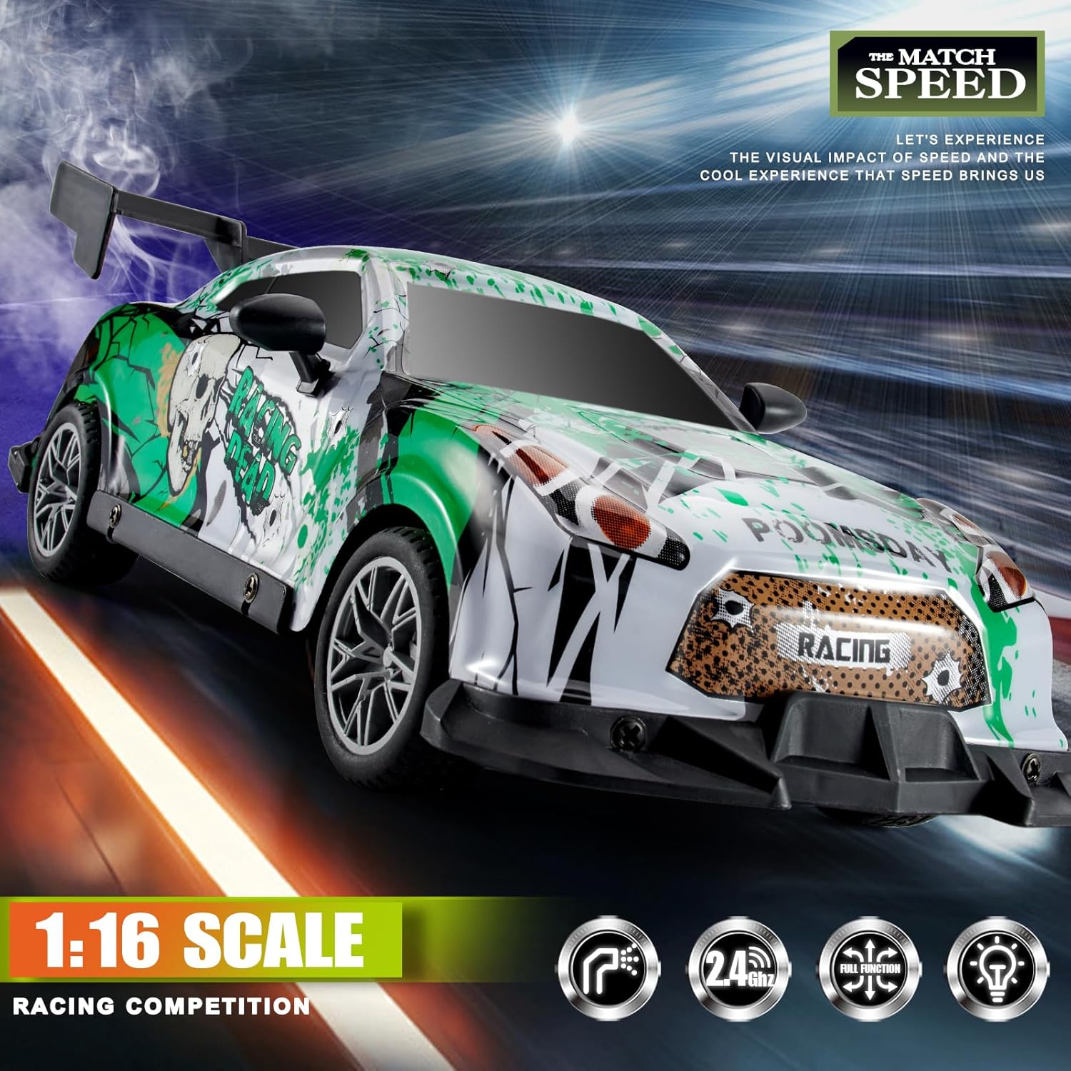 Remote Control Racing Car, Green Camo Design, RC Drift Car with Spray Function, Indoor & Off-Road Compatible