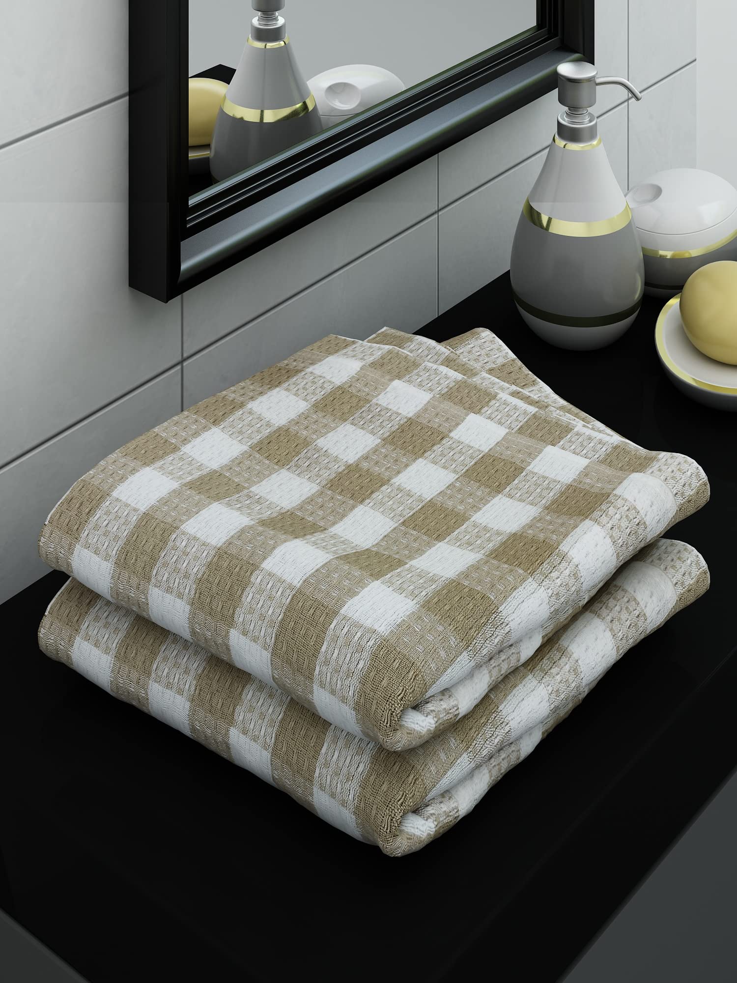 Athom Living Eco Saviour Premium Cotton Bath Towel Beige Checkers (Pack of 2)