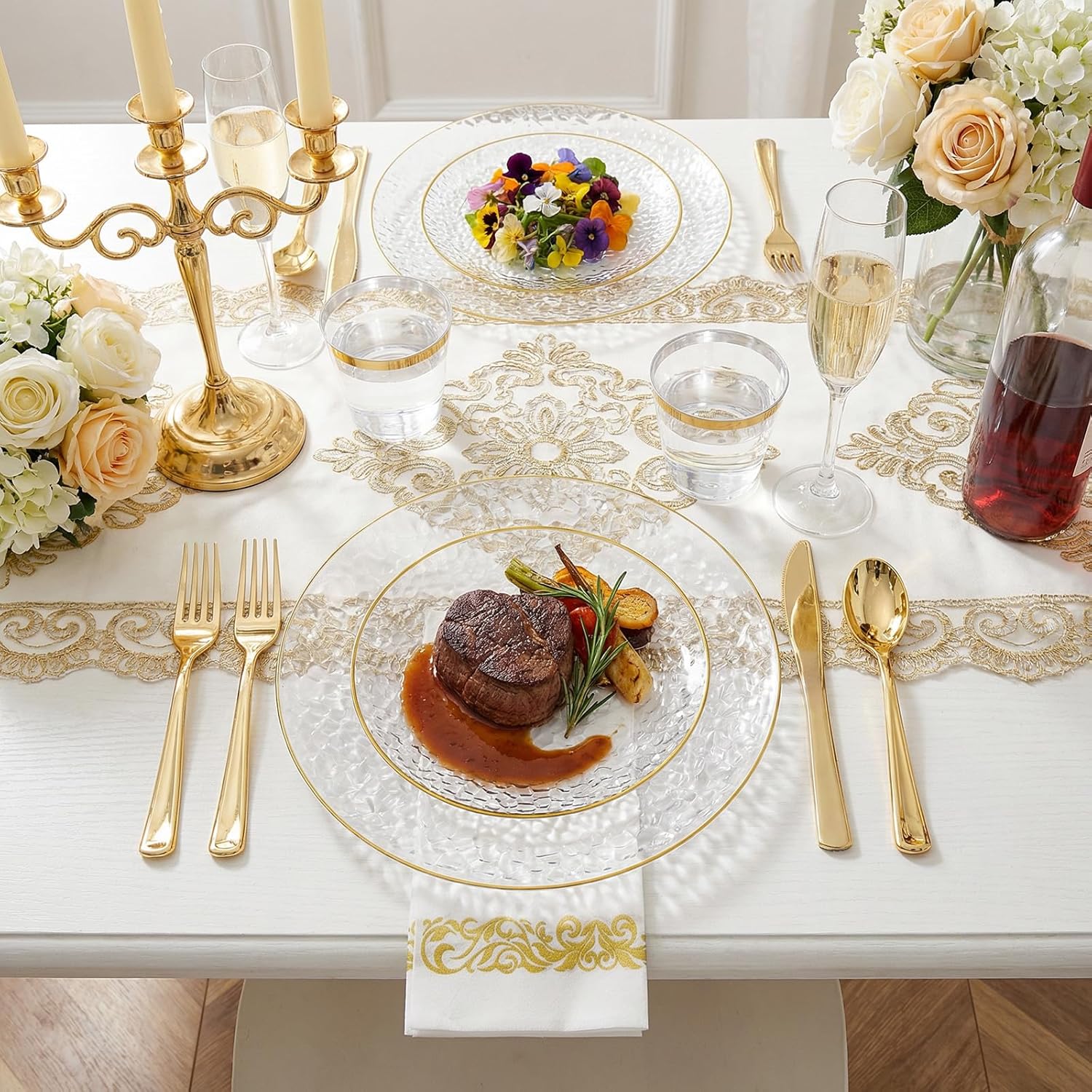 Rubtlamp 350 Pcs Clear Gold Plastic Plates, Hammered Disposable Dinnerware, Clear-Gold Plates Set Include 100 Plastic Platos, 150 Gold Disposable Silverware, 50 Cups And 50 Napkins for Party