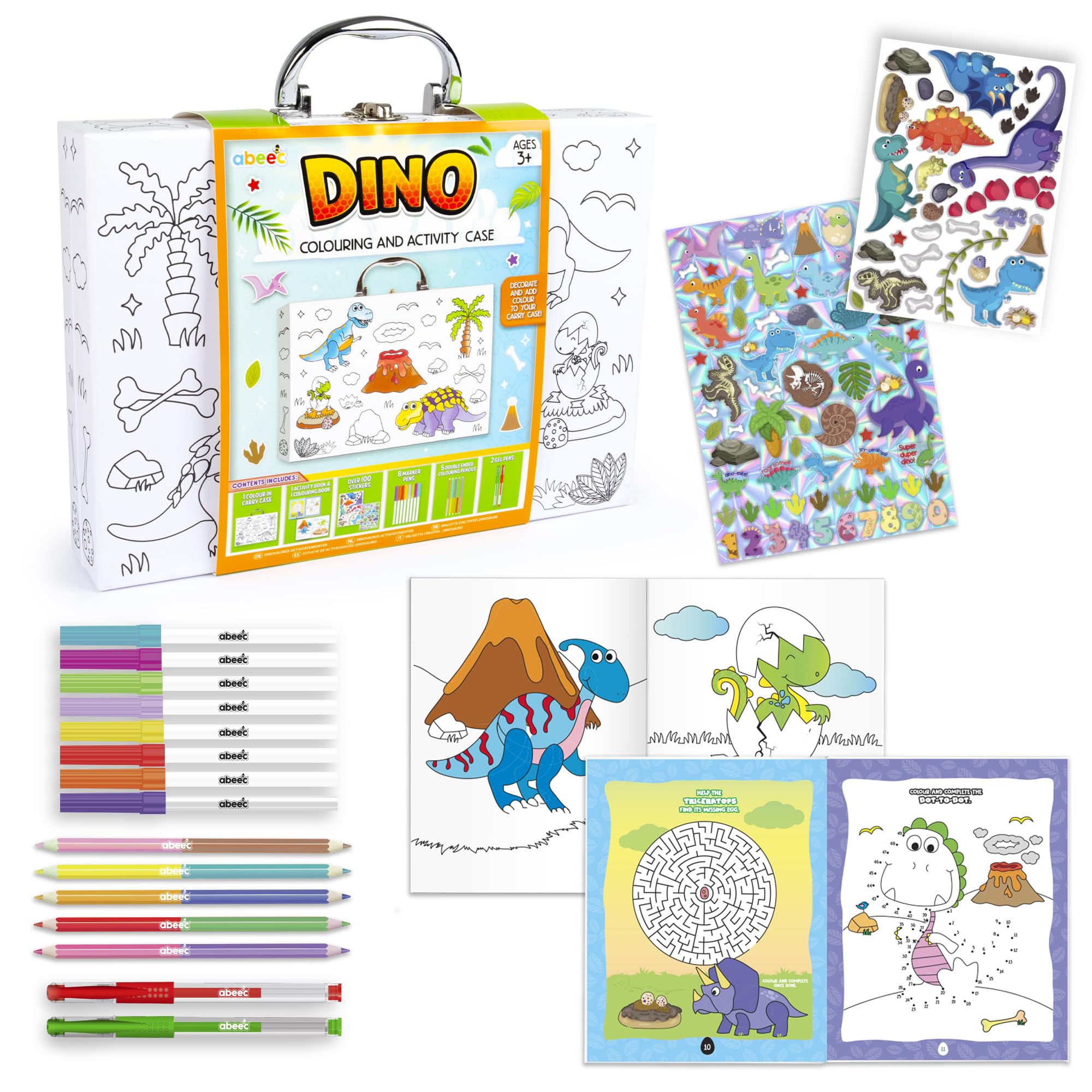 abeec Dino Colouring & Activity Case | Arts & Crafts for Kids | Colouring & Activity Book with Stickers, Markers, Pencils & Gel Pens | Dinosaur Travel Set & Creative Gift for Boys & Girls