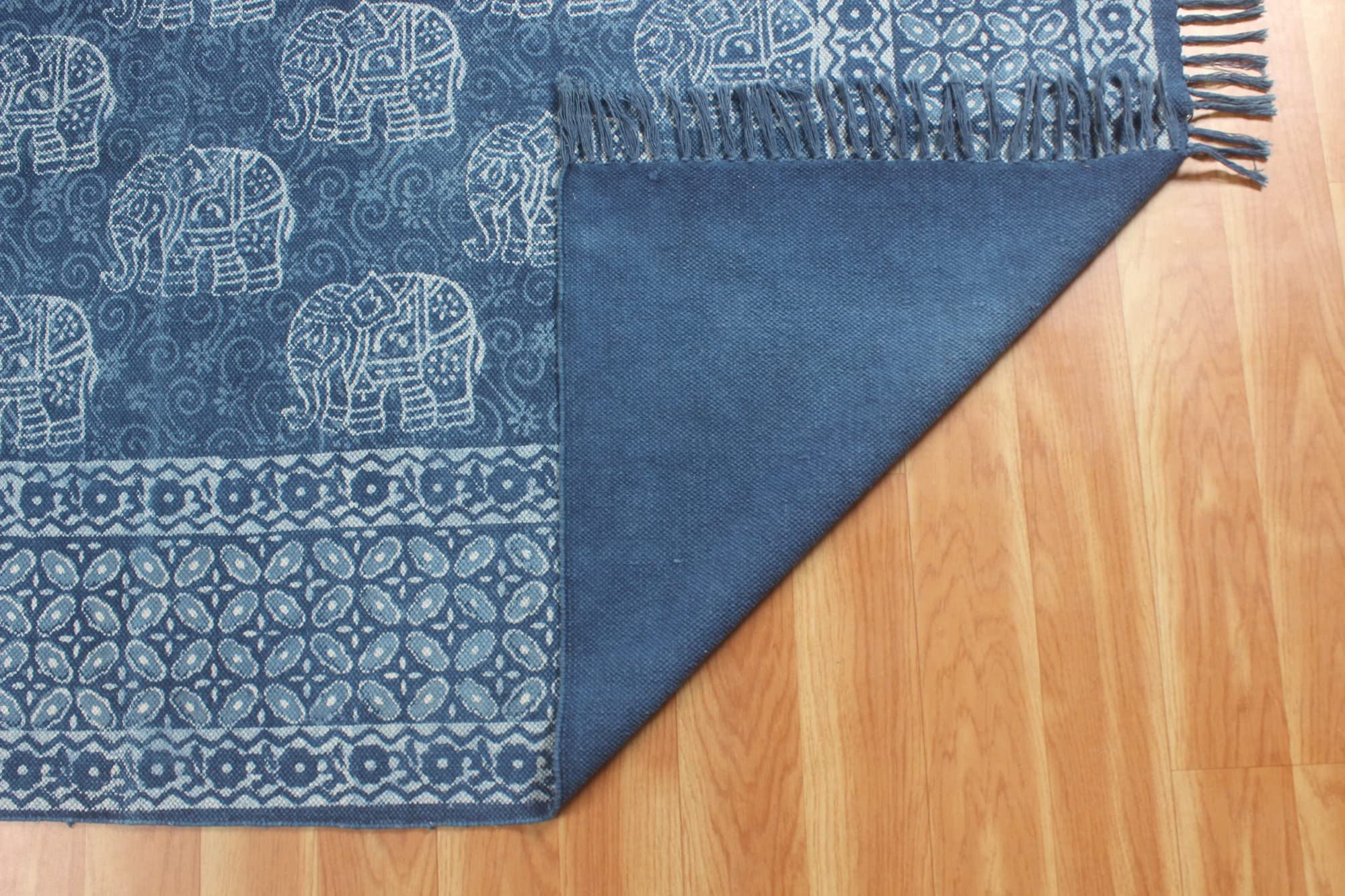 Tappeto Dhurrie Kilim realizzato a mano in cotone stampato Dabu blu indaco Tappeto per interni e soggiorno a trama piatta, adatto per camera da letto e bagno, 120 x 120 cm