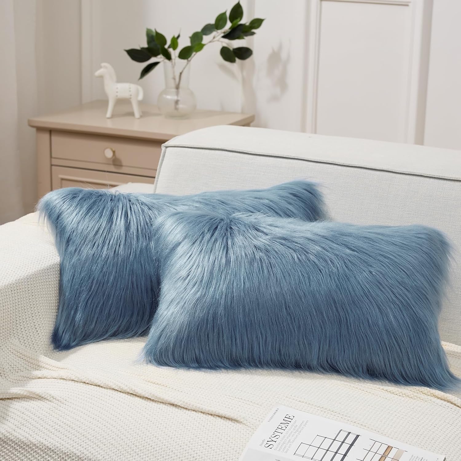 Phantoscope Pack of 2 Faux Fur Throw Pillow Covers Cushion Covers Luxury Soft Decorative Pillowcase Fuzzy Pillow Covers for Bed/Couch, Dusty Blue 12 x 20 Inches 20" x 12" (Pack of 2) Dusty Blue