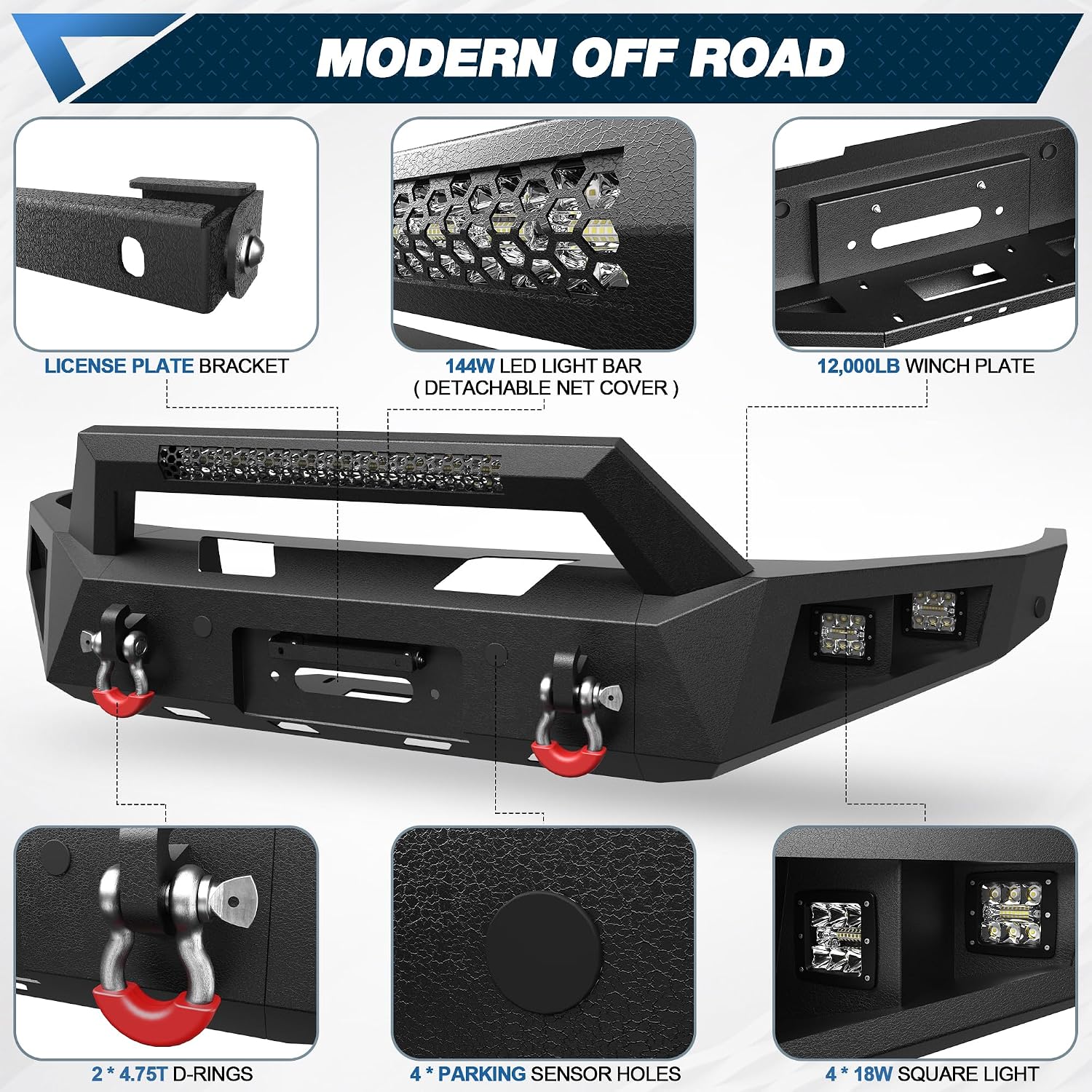 15-18 Ram 1500 Rebel Front Bumper Full Width Offroad Bumper w/Winch Plate, 144W Light Bar, 4x18w Lights, D-rings, License Plate Bracket for 2015-2018 Ram 1500 Rebel Only