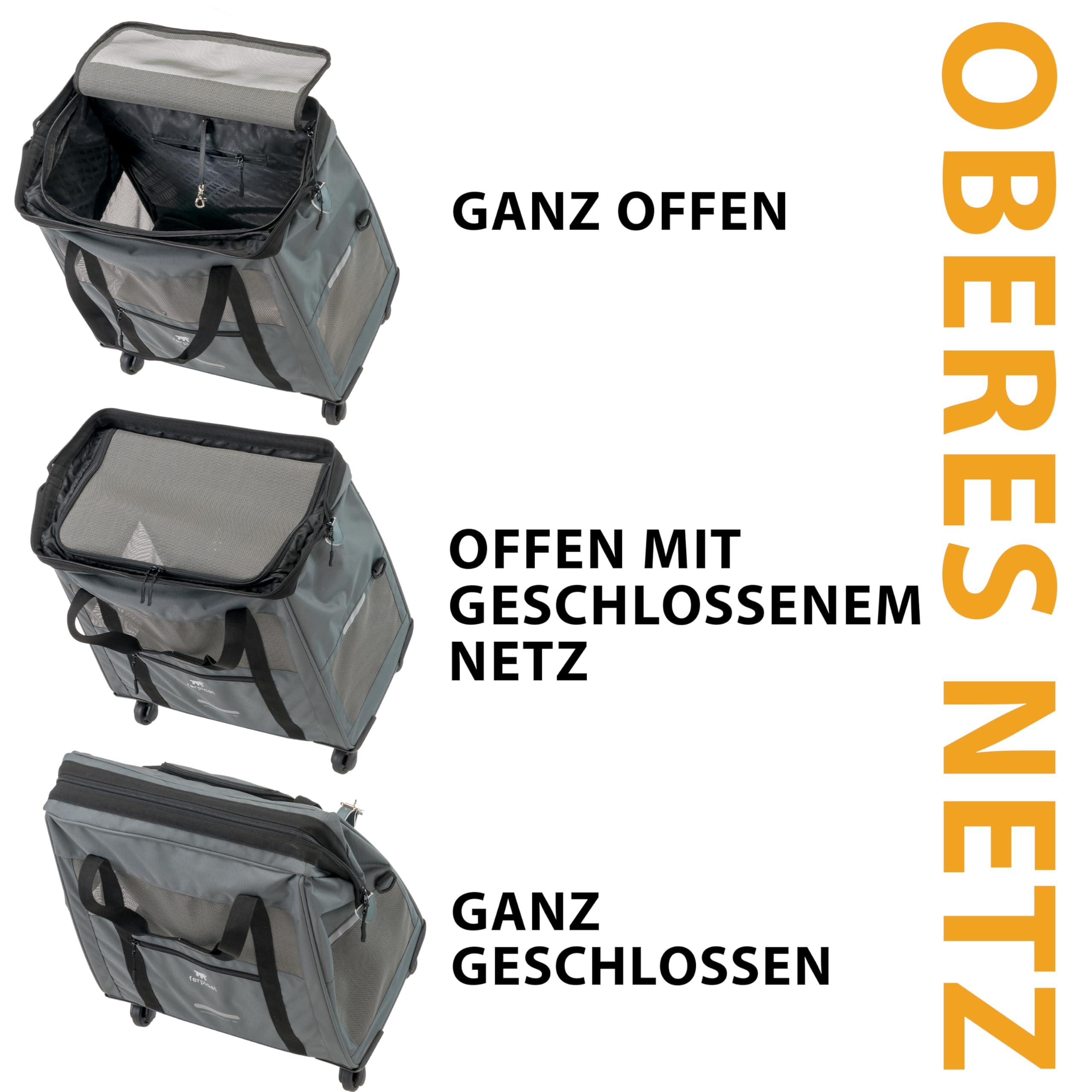 Ferplast Hundebox Voyager Trolley, Transportbox Katze, Hundetasche, ausziehbarer Griff, verstellbare Gurte, breite Öffnung, abnehmbare Räder, max. 15 kg, 46 x 26 x 48H cm, Grau