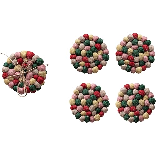 Creative Co-Op Round Handmade Wool Felt Ball Coasters, Multicolor, Set of 4