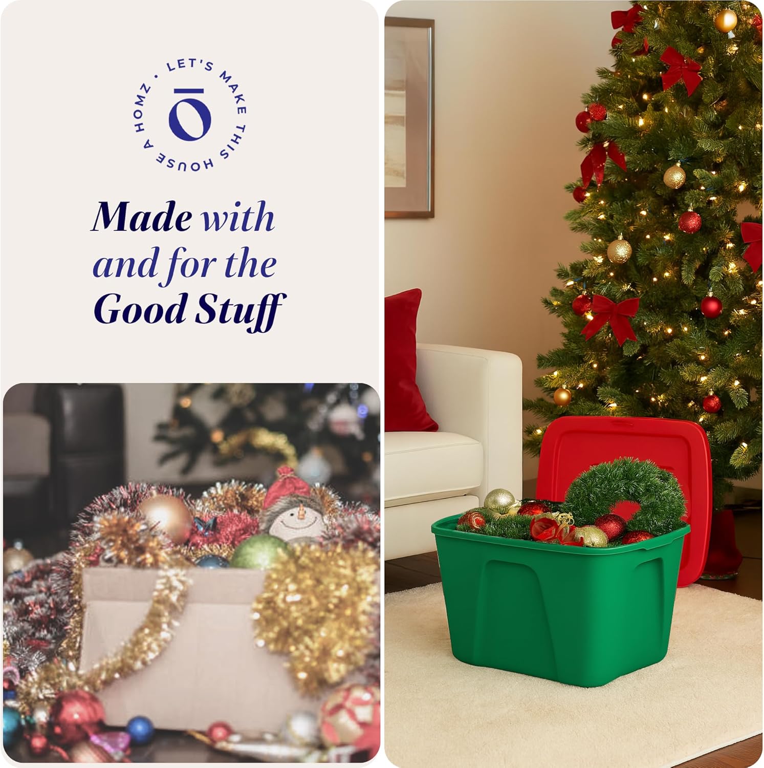HOMZ 4-Pack Molded Bin, Holiday Storage Containers w/ Lids, 18 Gal, Green/Red Stackable Plastic Totes for Christmas Decorations, Gift Wraps, Crafts