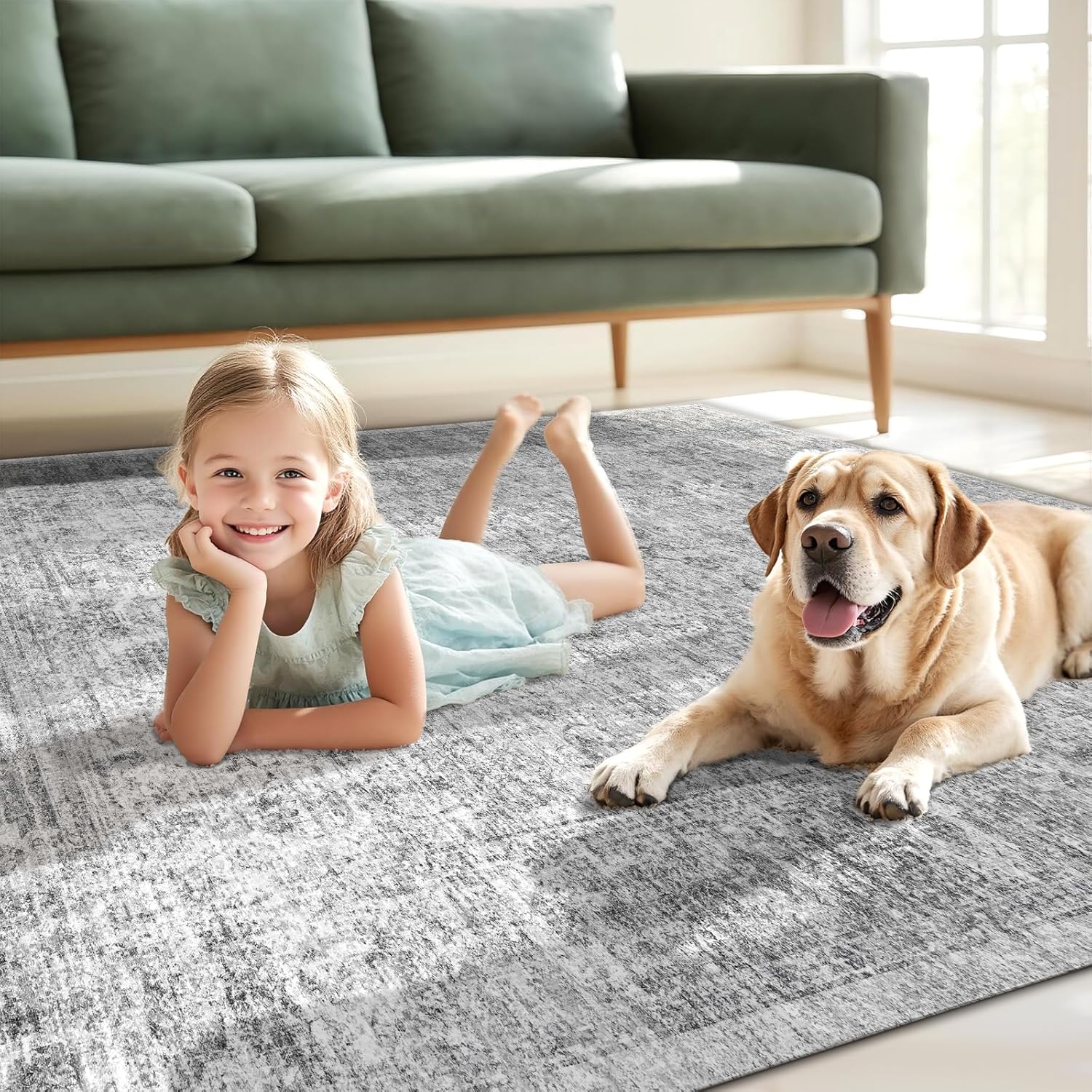 Vintage Small Grey Washable Area Rug 4x6, Non-Slip Boho Soft Low Pile Faux Wool Indoor Carpet, Gray Vintage Distressed Area Rugs for Living Room, Bedroom, Dining Room, Dorm, Office Home Decor