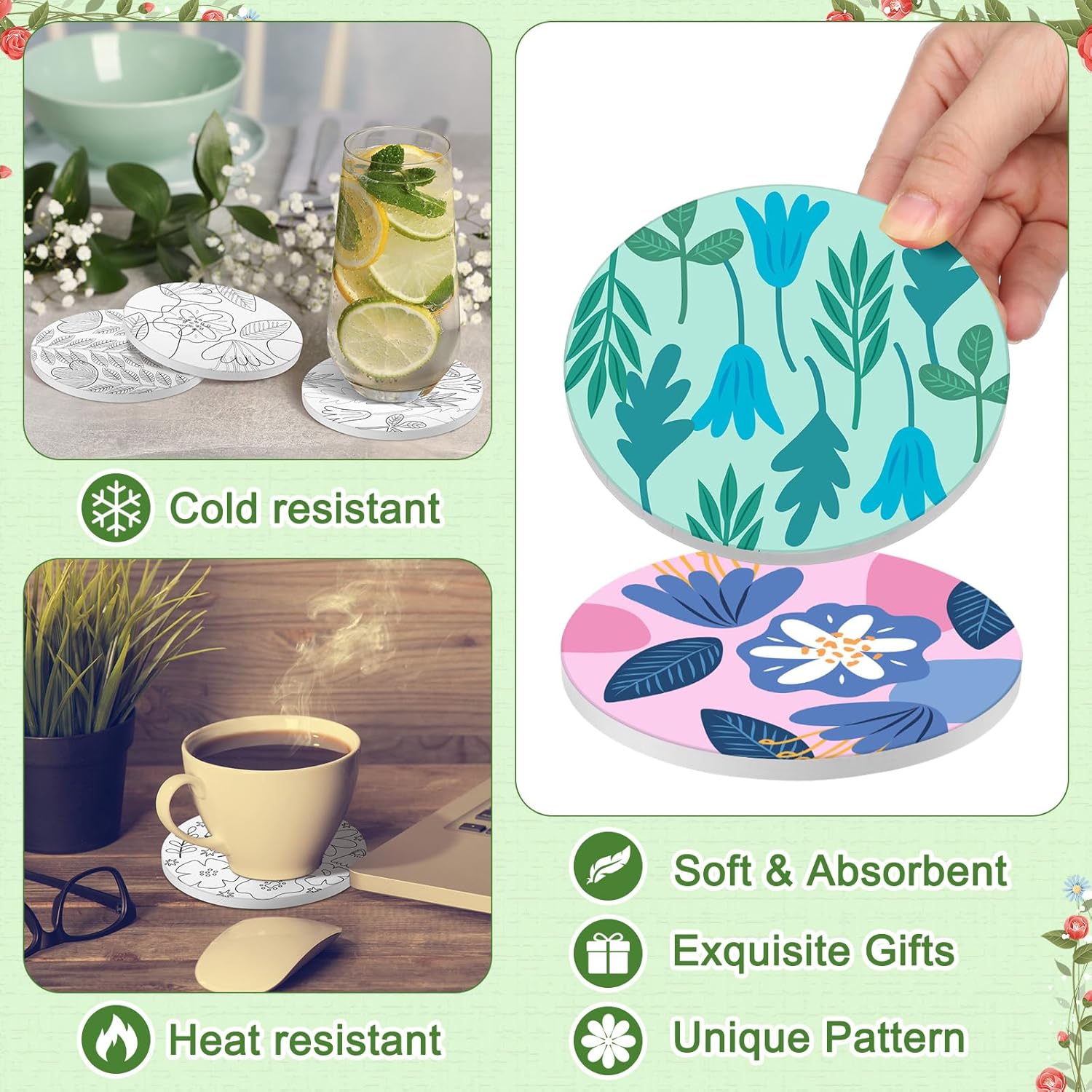 Potchen 12 Pcs Flower Coasters Color Your Own Coaster Ceramic DIY Kits for Adults Absorbent Spring Floral Drink Coasters with Cork Base and 12 Markers for Adult Home Table DIY Crafts Gift