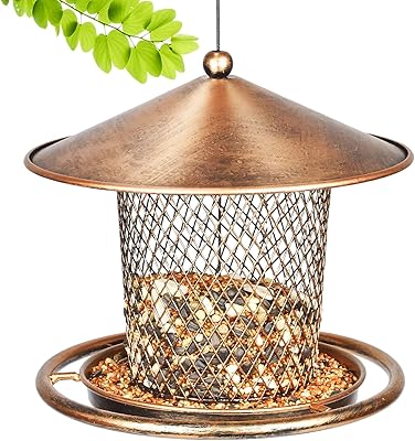 Squirrel Proof Bird Feeders, Cute Lantern Bird Feeder Roof Shaped, Heavy Duty Metal Wild Bird Feeder with Hook for Garden Yard Outside Hanging Decor, 2lbs Capacity - Bronzed