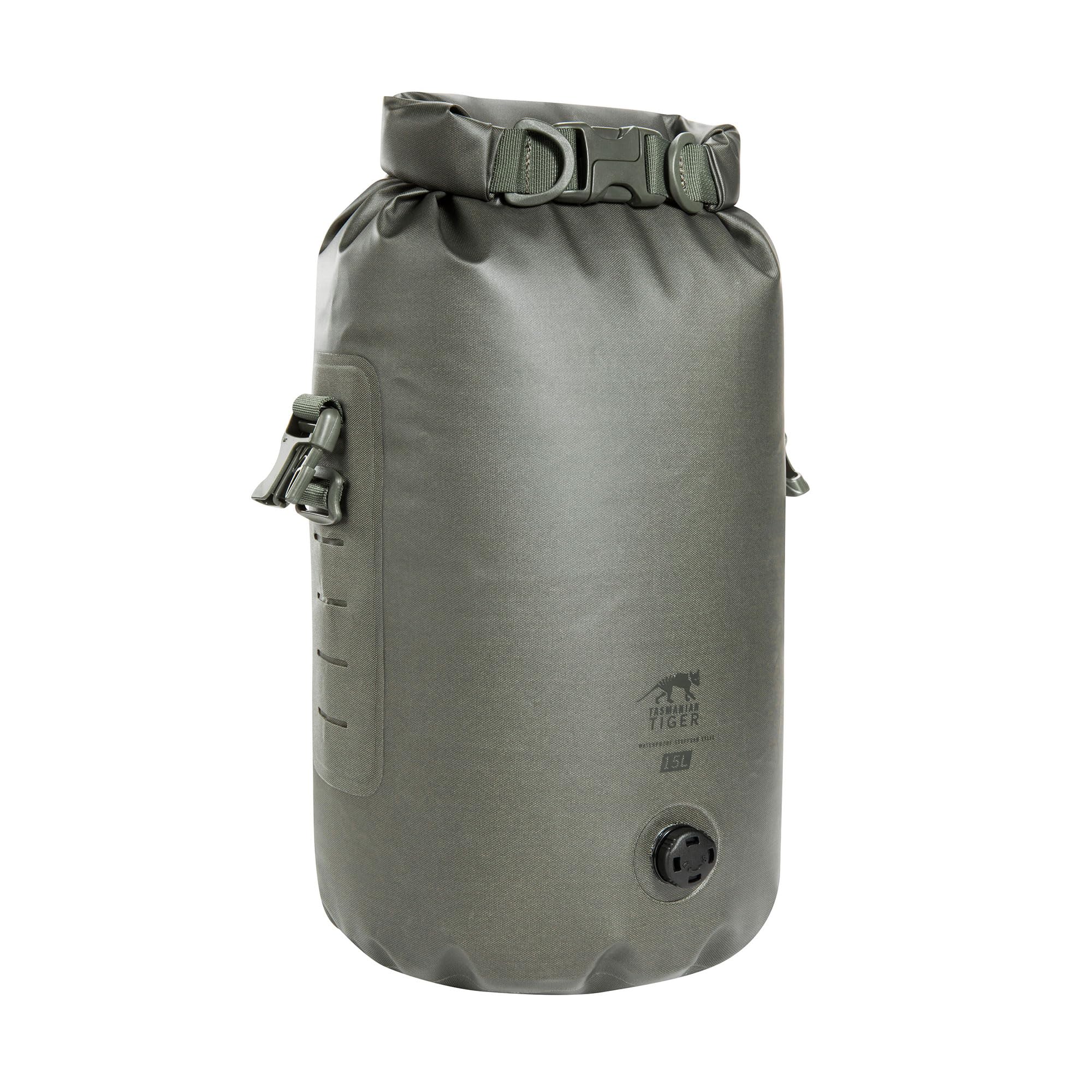 Tasmanian Tiger TT Stuffbag 15 WPV wodoszczelny worek do pakowania 15 l z rolowanym zamknięciem i zaworem do kompresji, do aktywności na świeżym powietrzu, łodzi, sportów wodnych; kamienno-szary