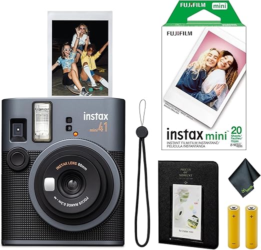 FujiFilm Instax Mini 41 Instant Film Camera Bundle with Fuji Instax-Instant-mini Film Value Pack (20 Sheets) + Photo Album – 64 Pockets + Microfiber Cleaning Cloth