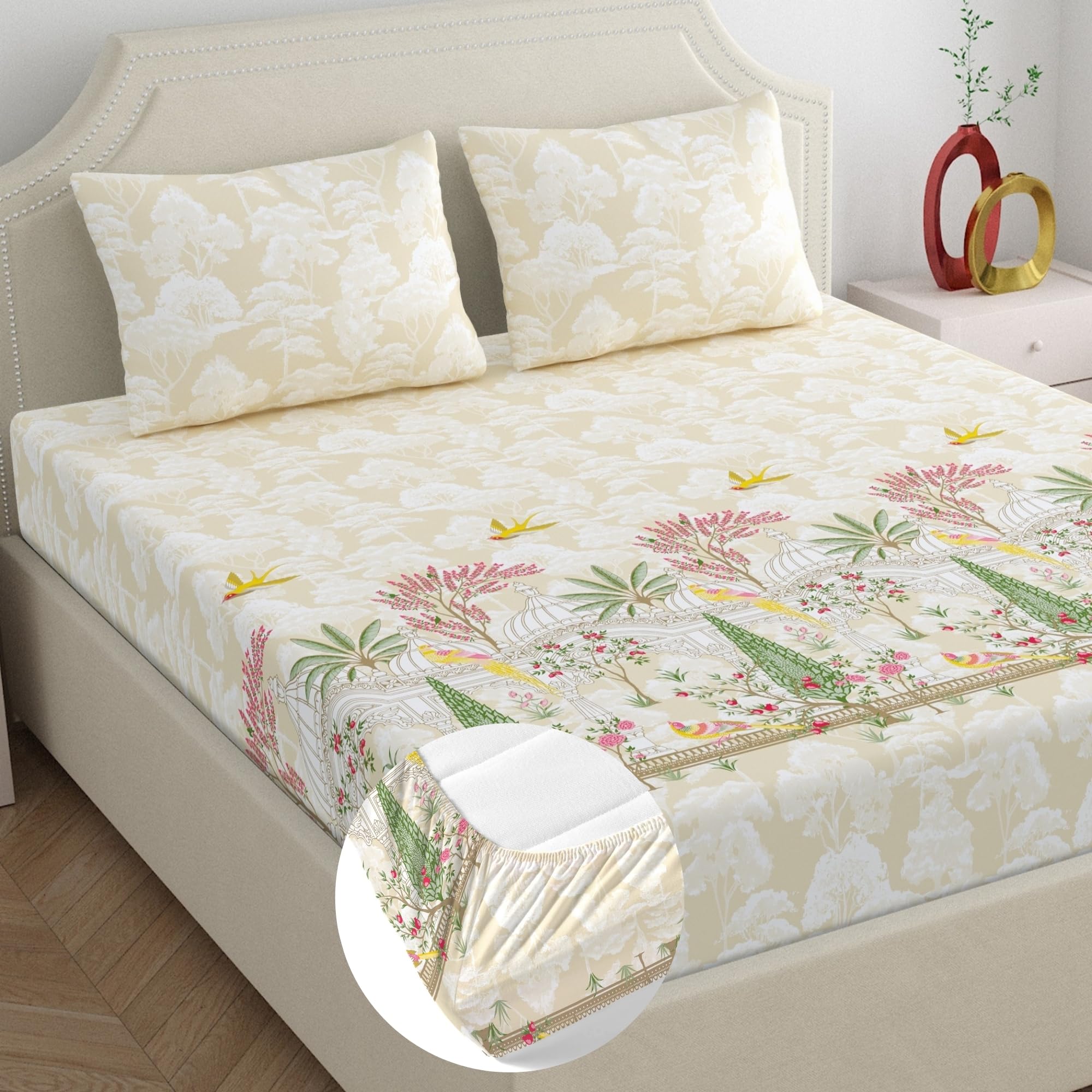 Home Ecstasy 100% Cotton King Fitted Bedsheet with 2 Pillow Covers - (Size 72 x 78 inches, 140 TC, Colour - Beige)-image-40