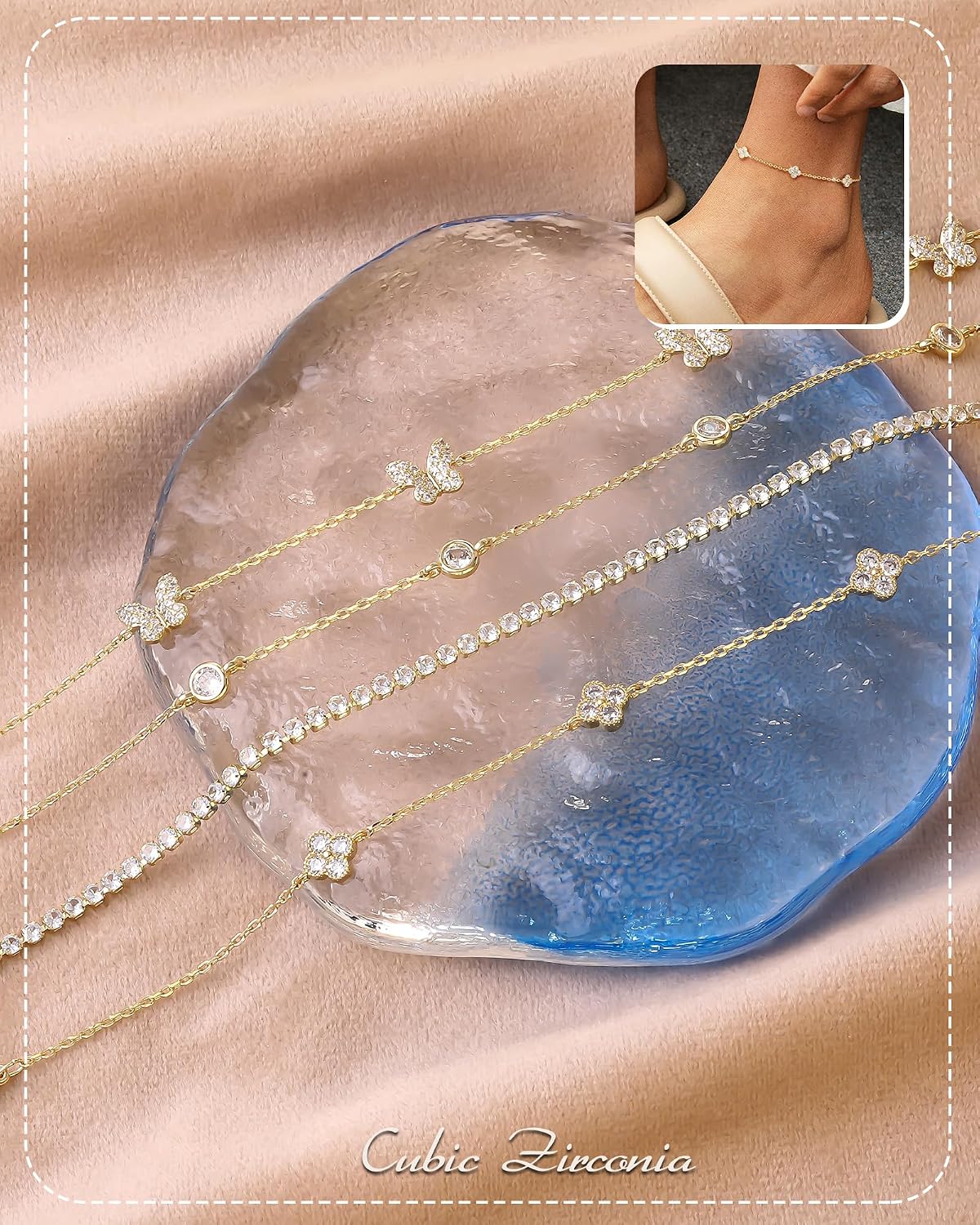 RLMOON Gold Silver Anklets for Women Waterproof CZ Ankle Bracelets image 5