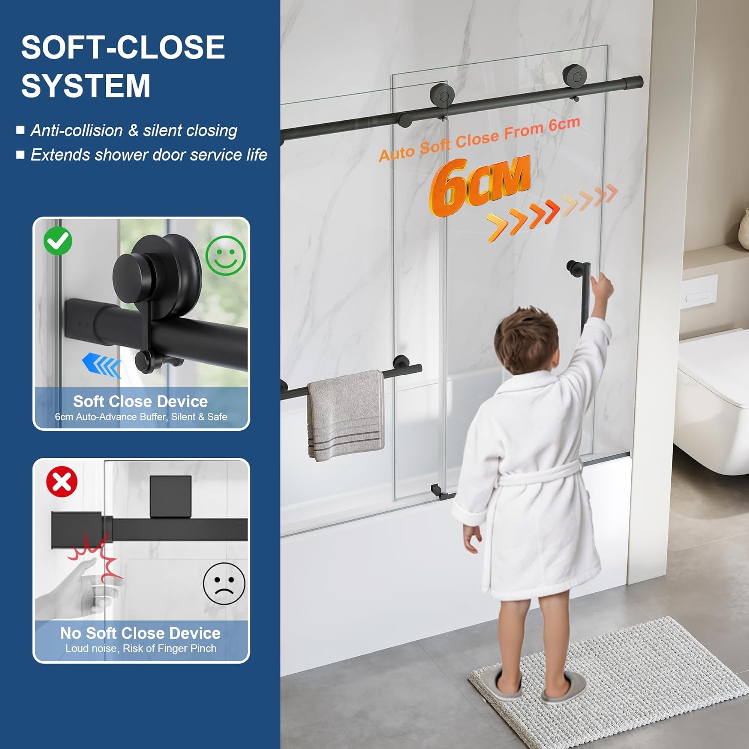 Frameless Tub Sliding Door,5/16"(8mm) Bathtub Shower Door with Soft-Close & Anti-Leak,Nano Coating Anti-Explosion Film SGCC Tempered Glass 55"-60" W x 60" H,Matte Black