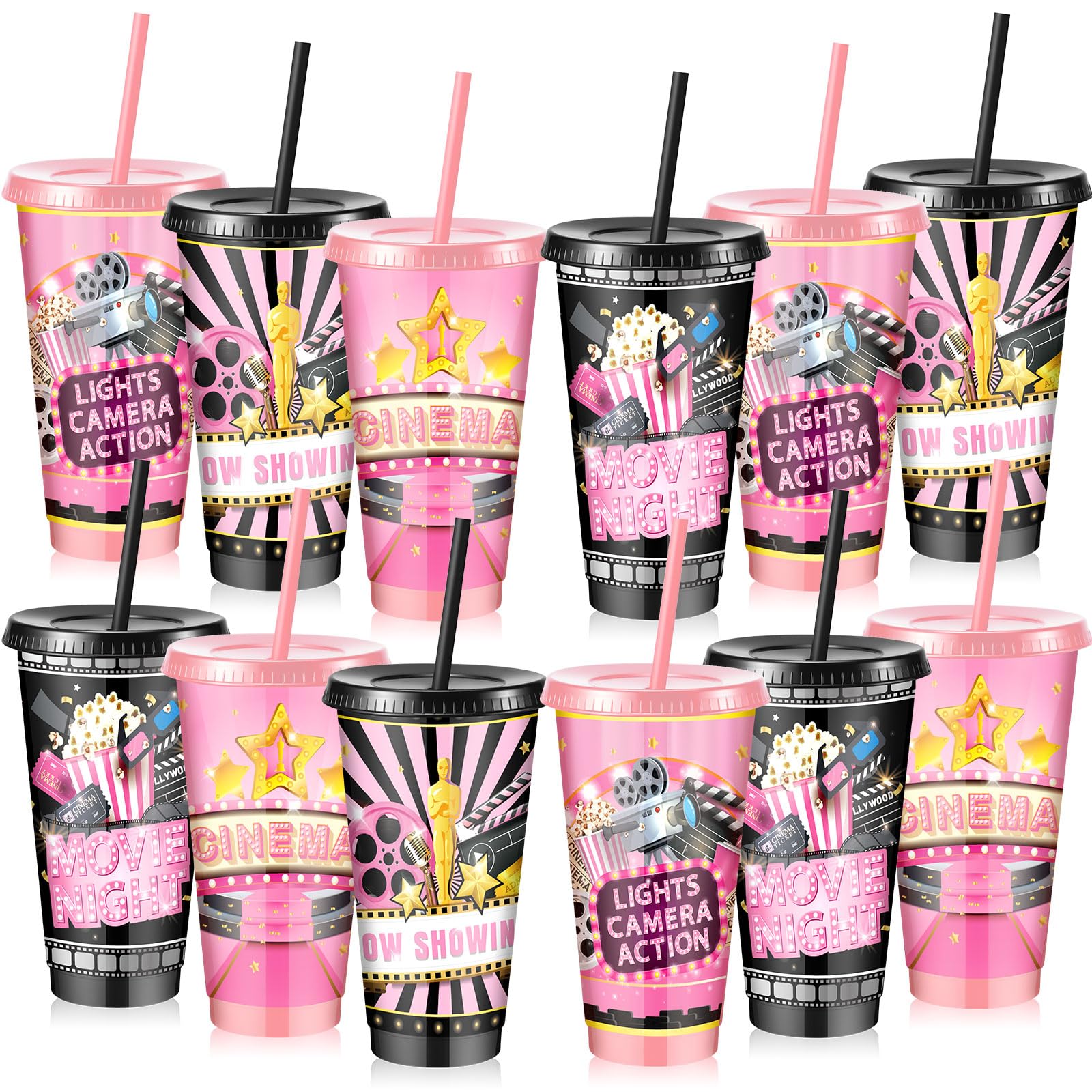 Uiifan Partyzubehör für Filmabende, 680 ml, mit Deckel und Strohhalm, wiederverwendbar, Theaterbecher für Hinterhof, Filme, Motto-Party, Geschenk, Dekorationen, Gastgeschenke, 24 Stück